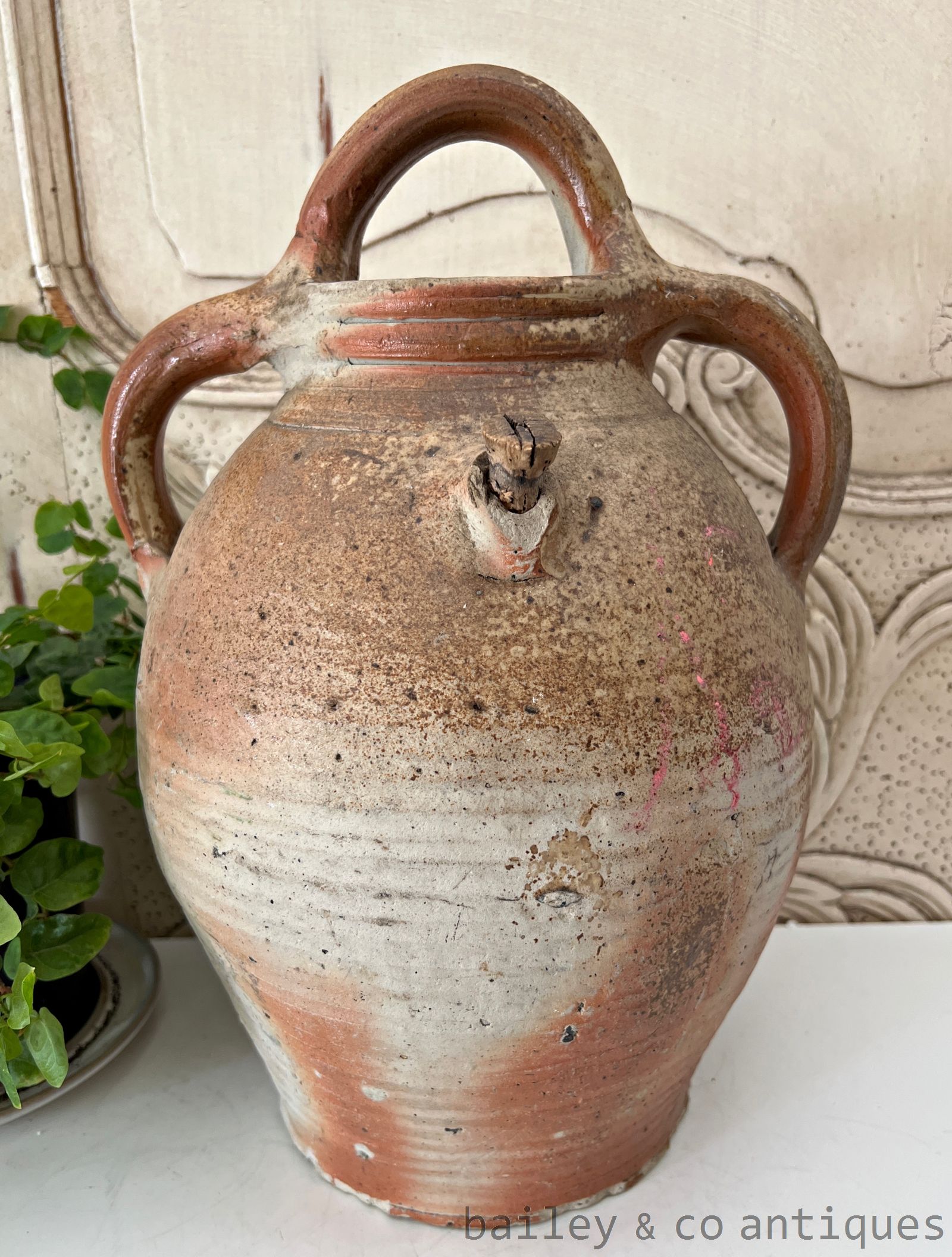 Antique French Rare Large Earthenware Stoneware Oil Wine Jug - B0775   detail 02