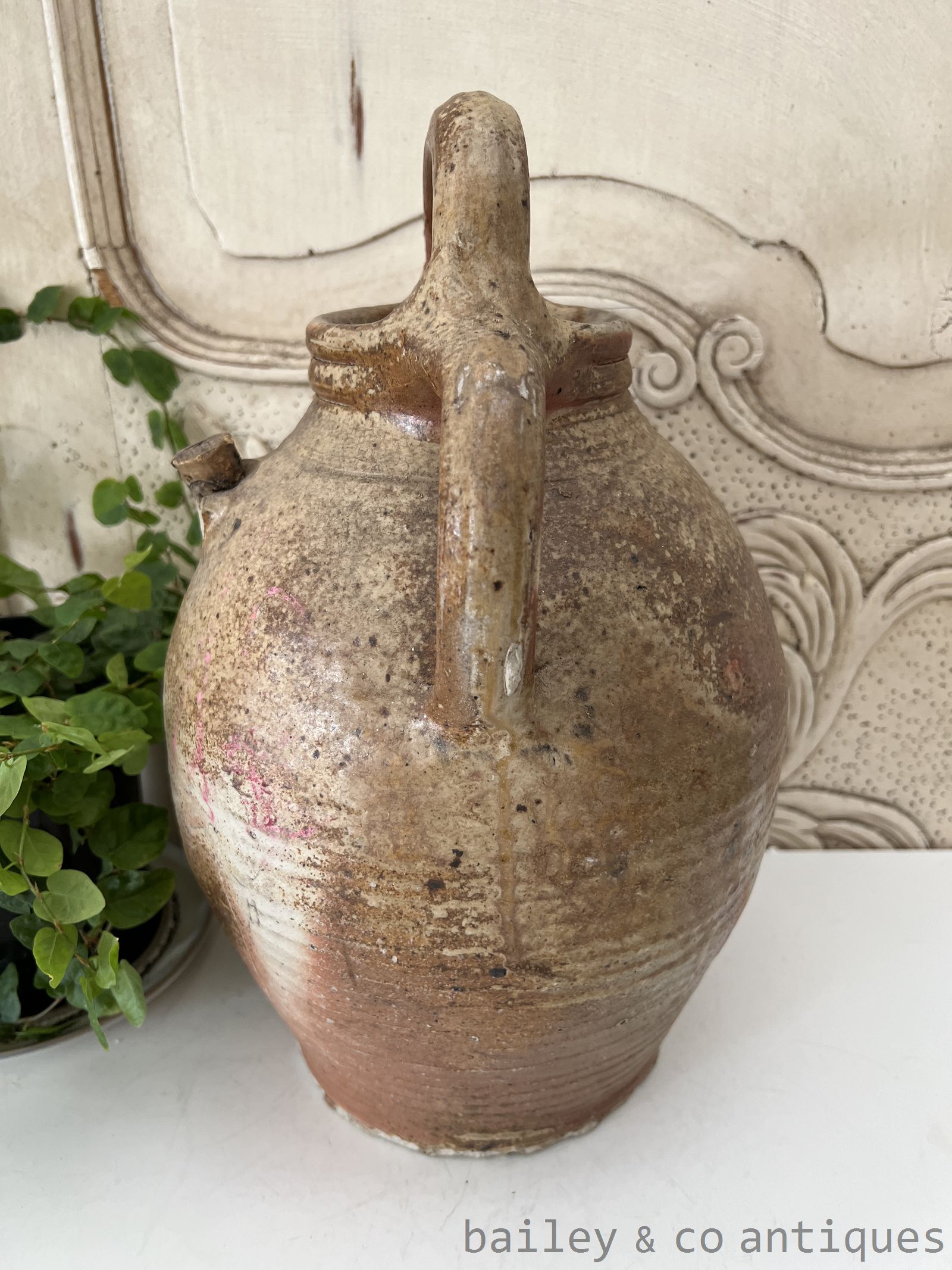 Antique French Rare Large Earthenware Stoneware Oil Wine Jug - B0775   detail 05