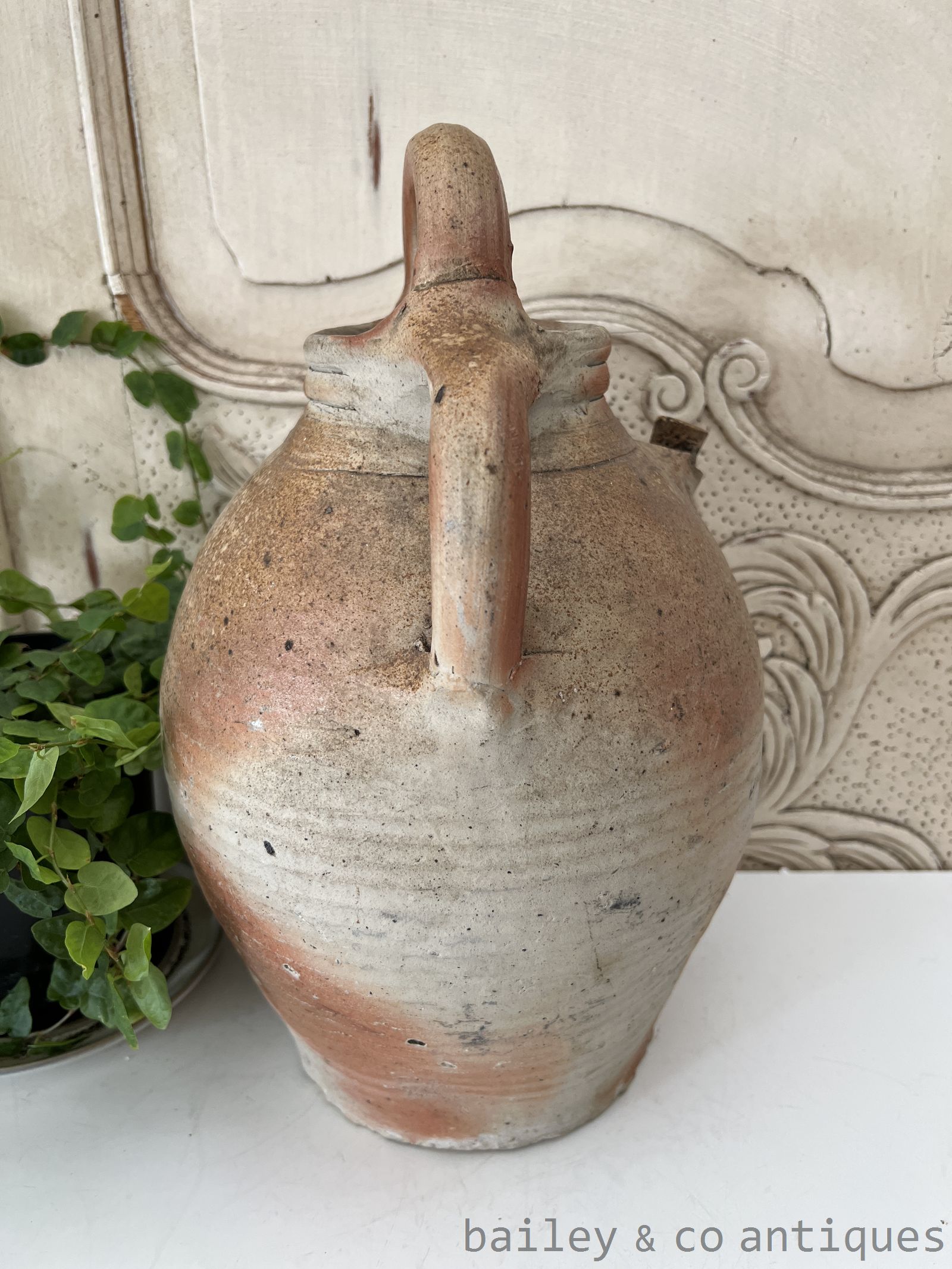 Antique French Rare Large Earthenware Stoneware Oil Wine Jug - B0775   detail 07
