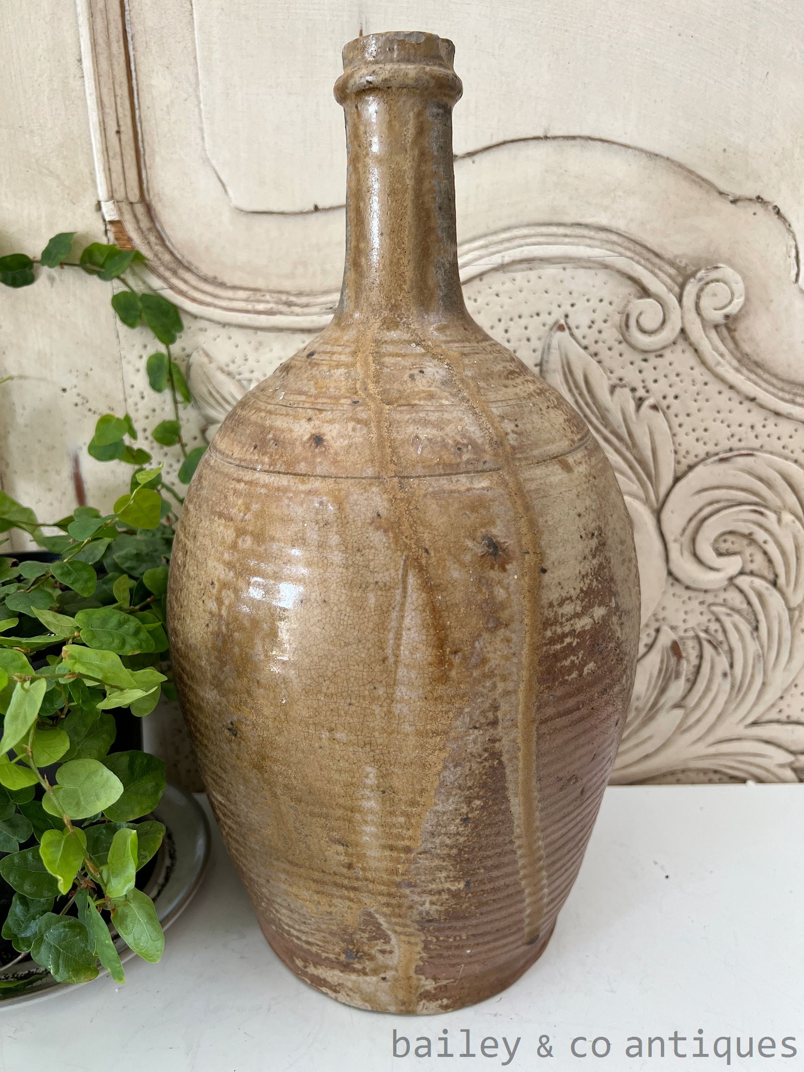 Antique French Rare Earthenware Stoneware Large Wine Oil Bottle - B0777   detail 02