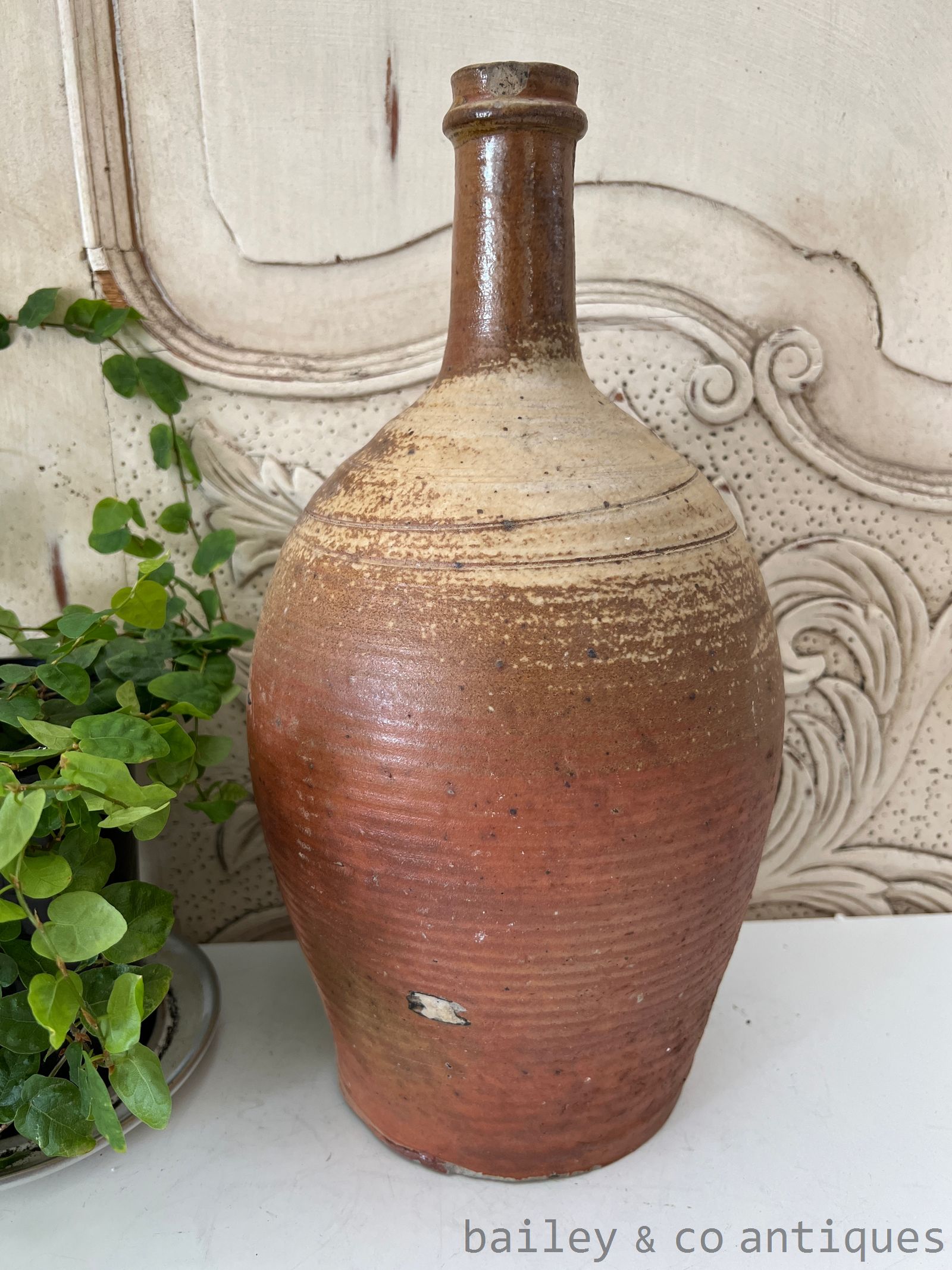 Antique French Rare Earthenware Stoneware Large Wine Oil Bottle - B0777   detail 03