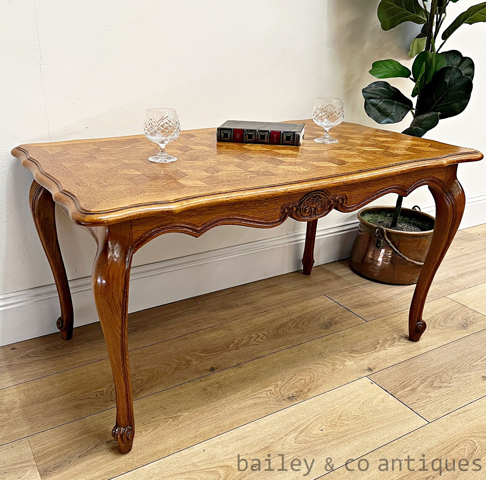 Vintage French Coffee Table Louis Style Oak Marquetry Top - B110   for sale