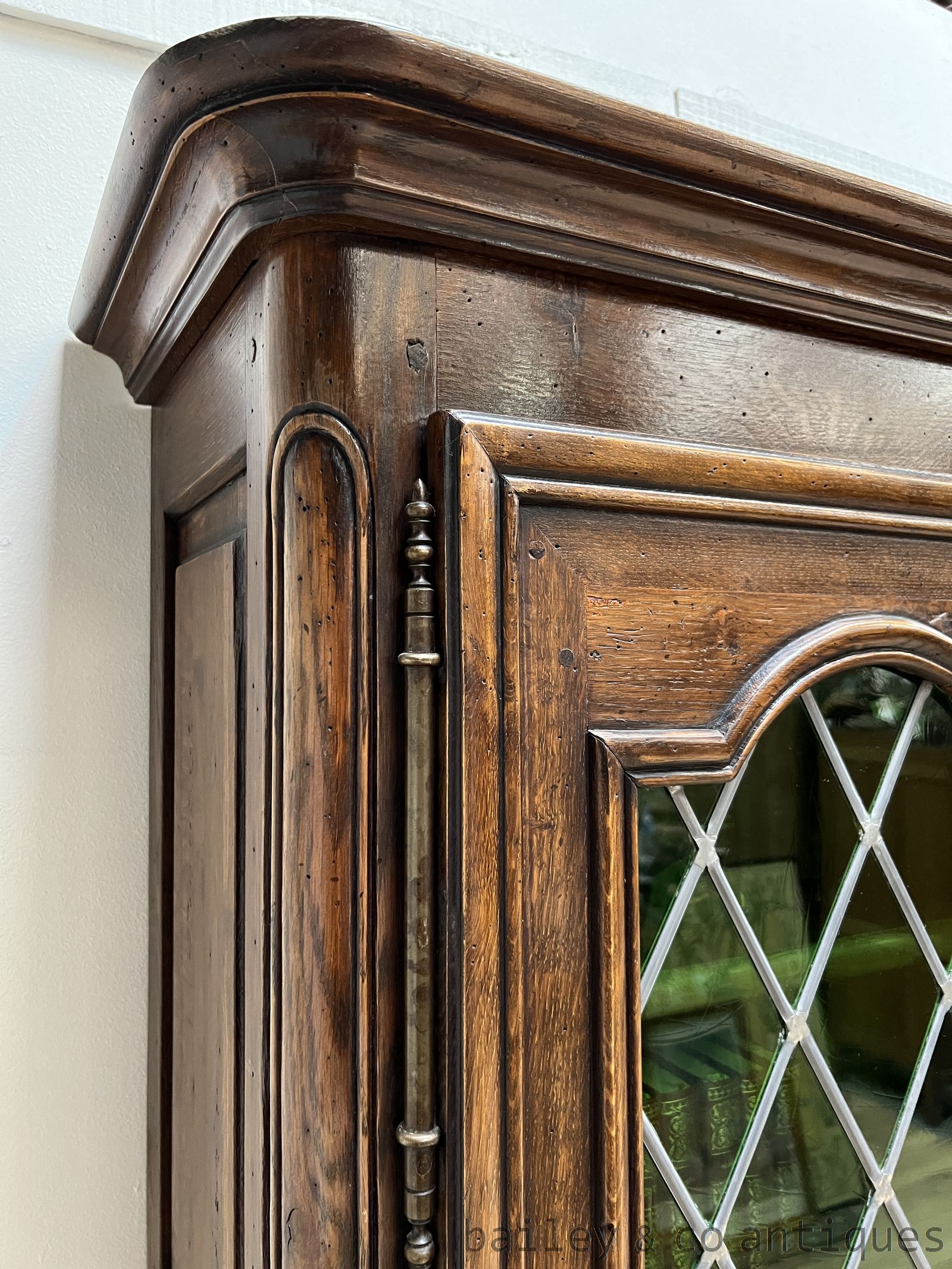 Antique French Oak Bookcase Leadlight Green Glass - B128 detail 12