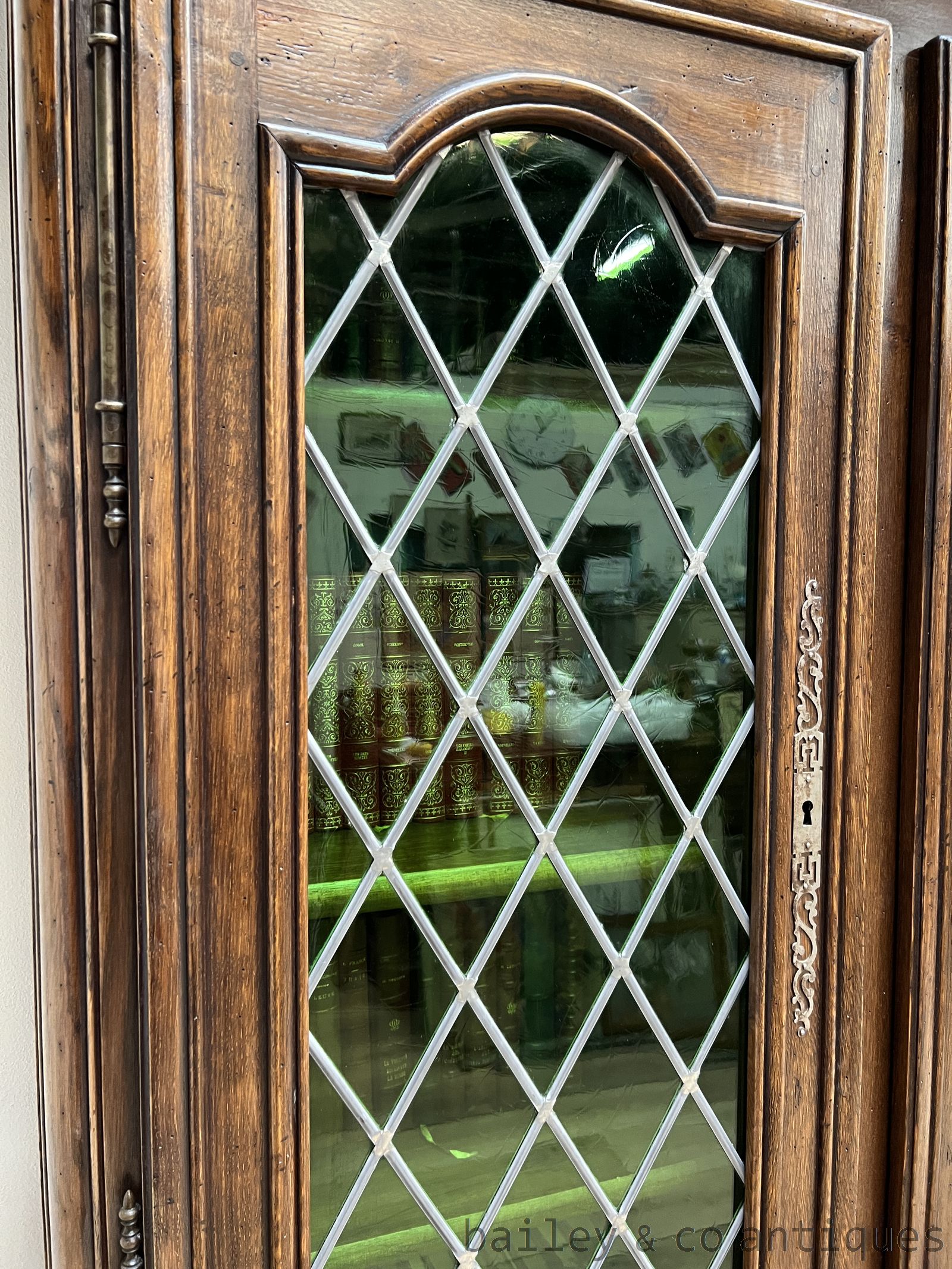 Antique French Oak Bookcase Leadlight Green Glass - B128 detail 14