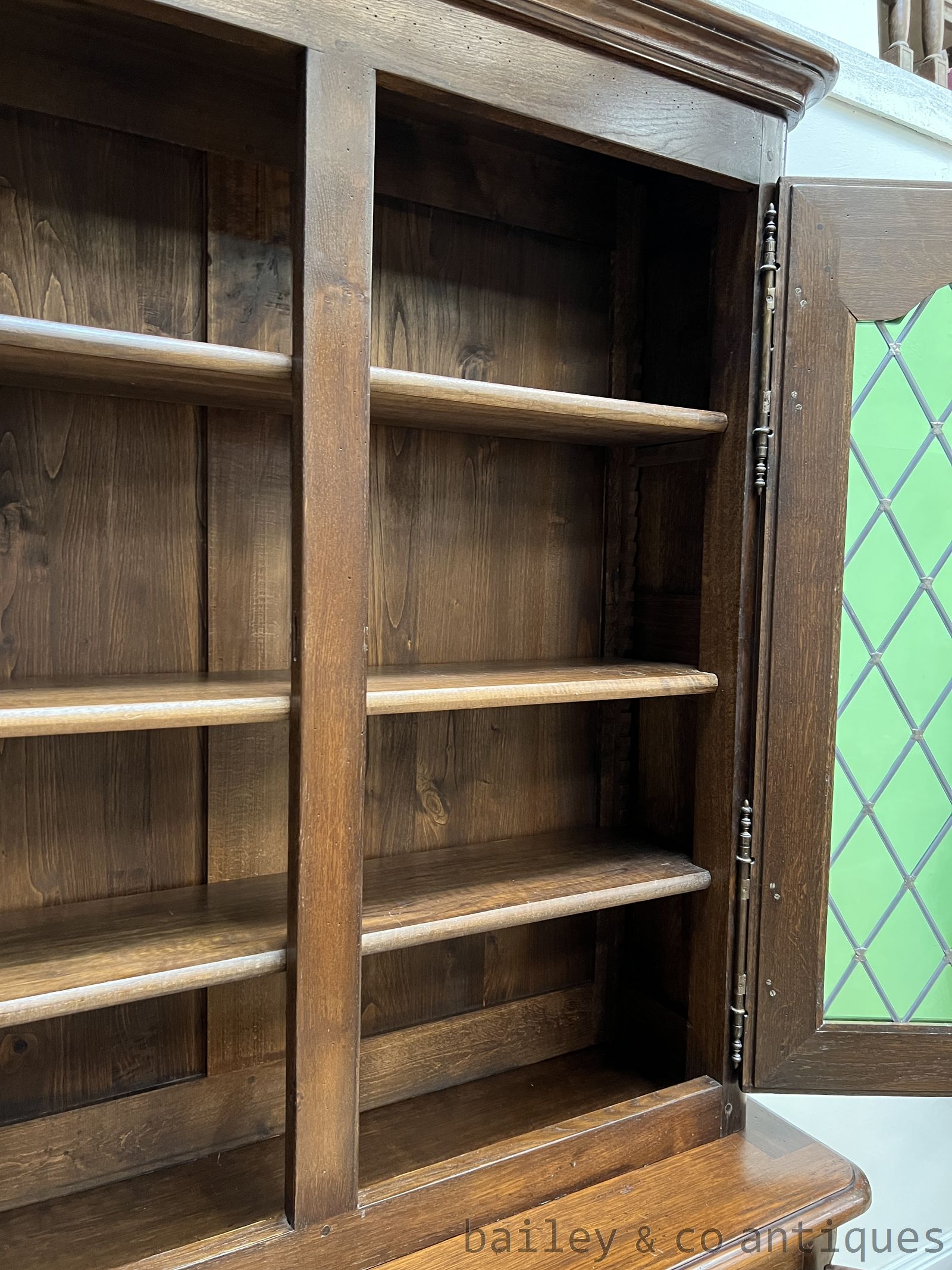 Antique French Oak Bookcase Leadlight Green Glass - B128 detail 19