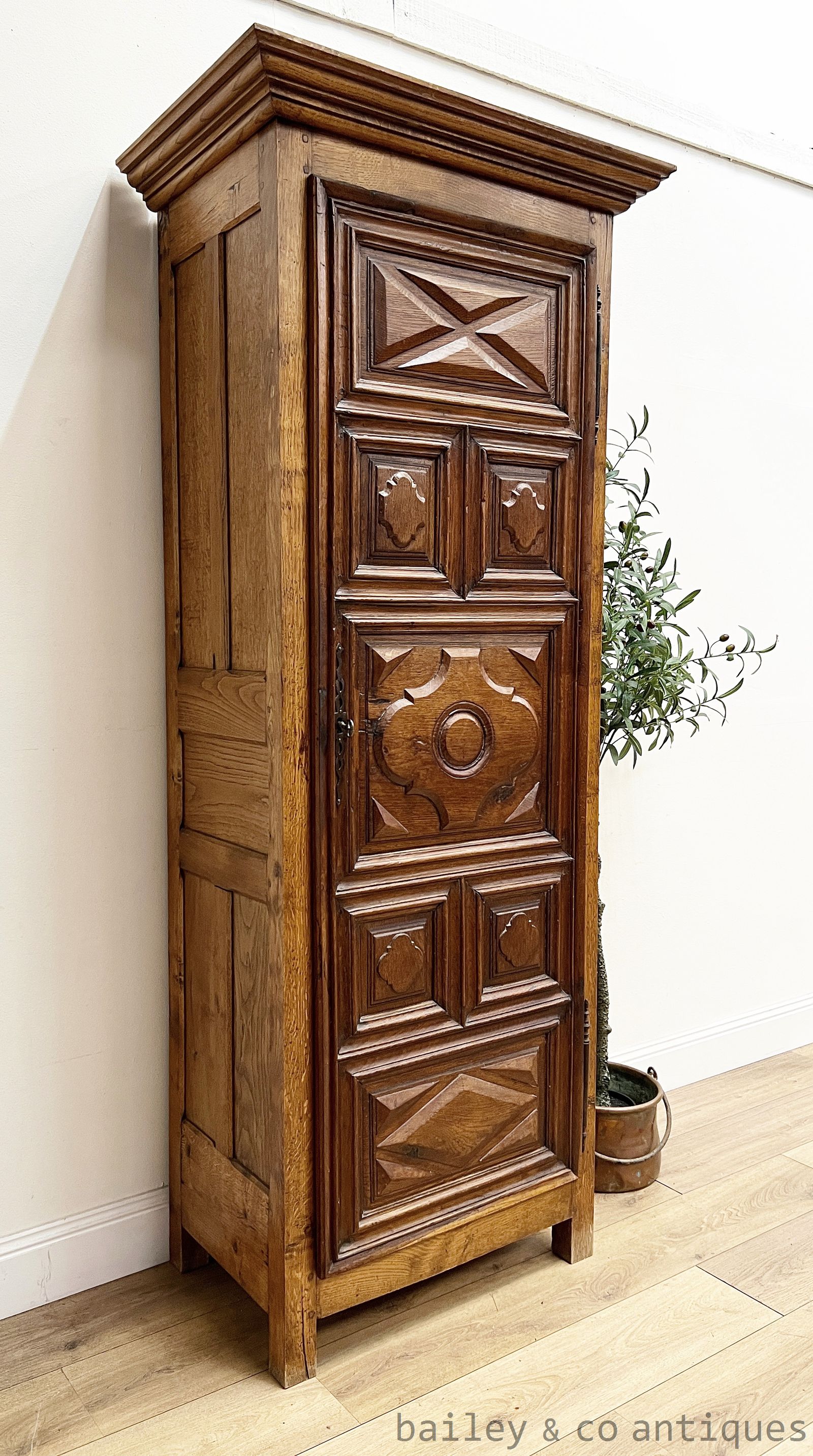 Antique French Oak Bonnetiere Armoire Carved Cabinet - B282   detail 02