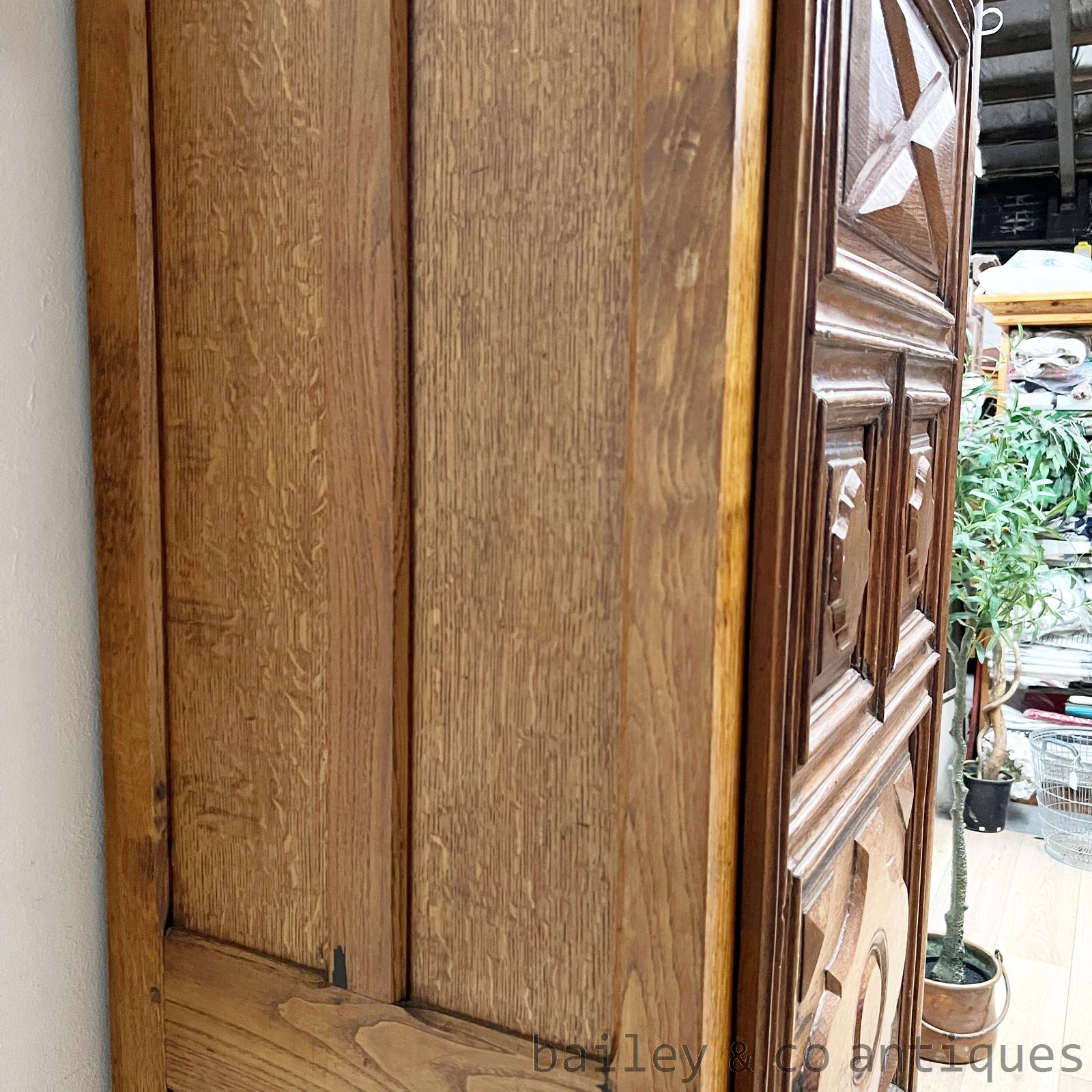 Antique French Oak Bonnetiere Armoire Carved Cabinet - B282   detail 15