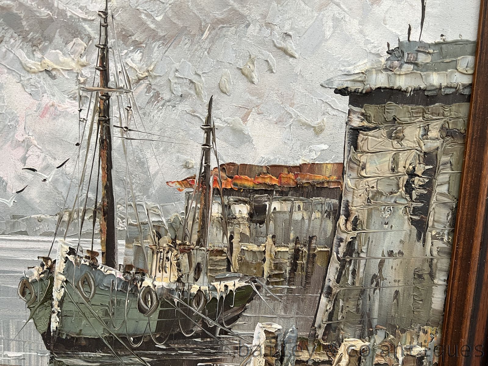 Vintage Oil Painting W JONES Boats in Harbour Porte De Peche - FR00Jones   detail 05
