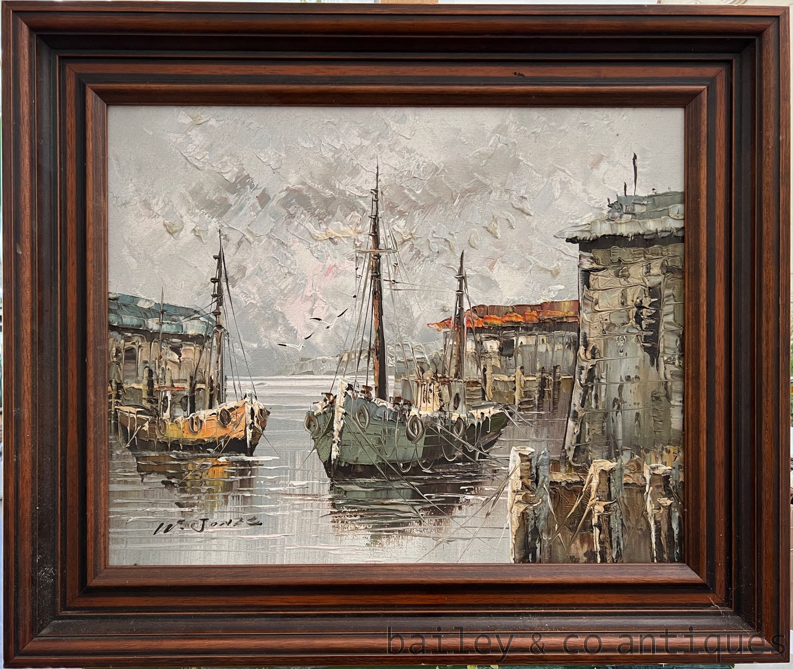 Vintage Oil Painting W JONES Boats in Harbour Porte De Peche - FR00Jones   for sale