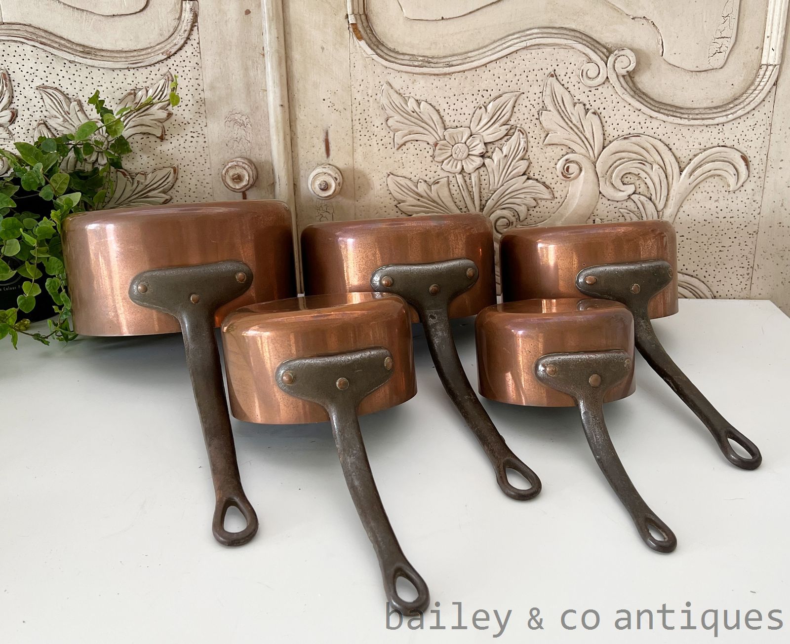 Vintage French Copper Saucepans Set Five Heavy Lined Iron Handles - FR535   for sale
