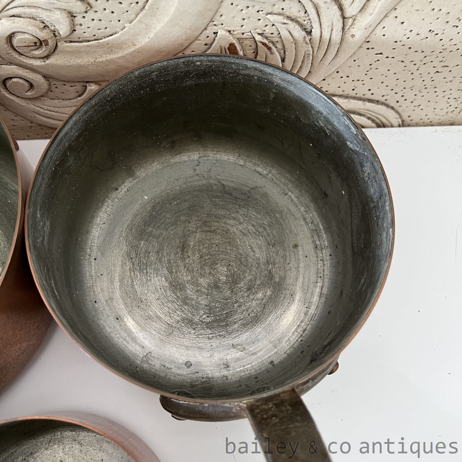 Vintage French Copper Saucepans Set Five Heavy Lined Iron Handles - FR535   detail 06