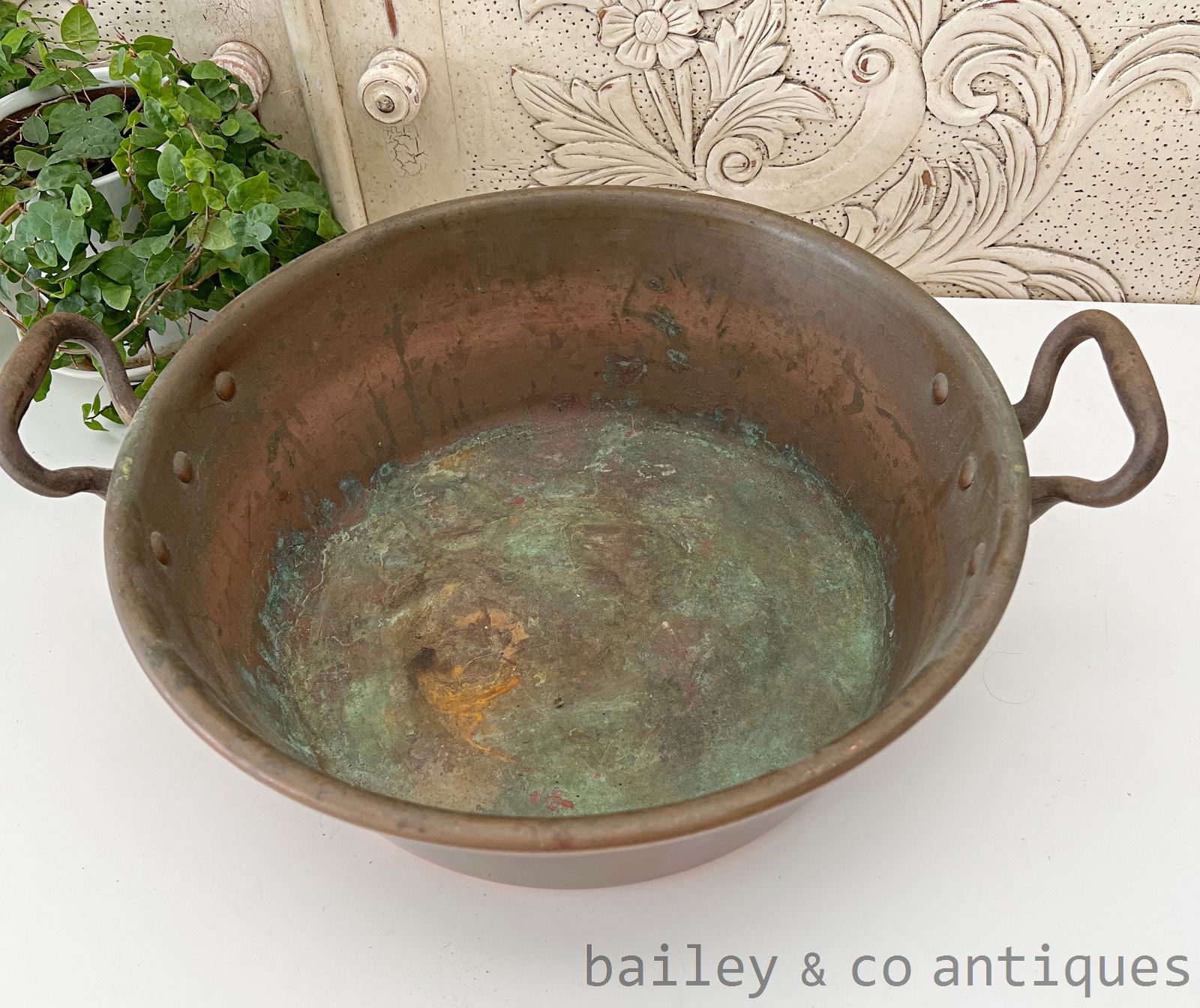 Antique French Copper Confiture Basin Bowl Iron Handles 43.5cm - FR569   detail 03