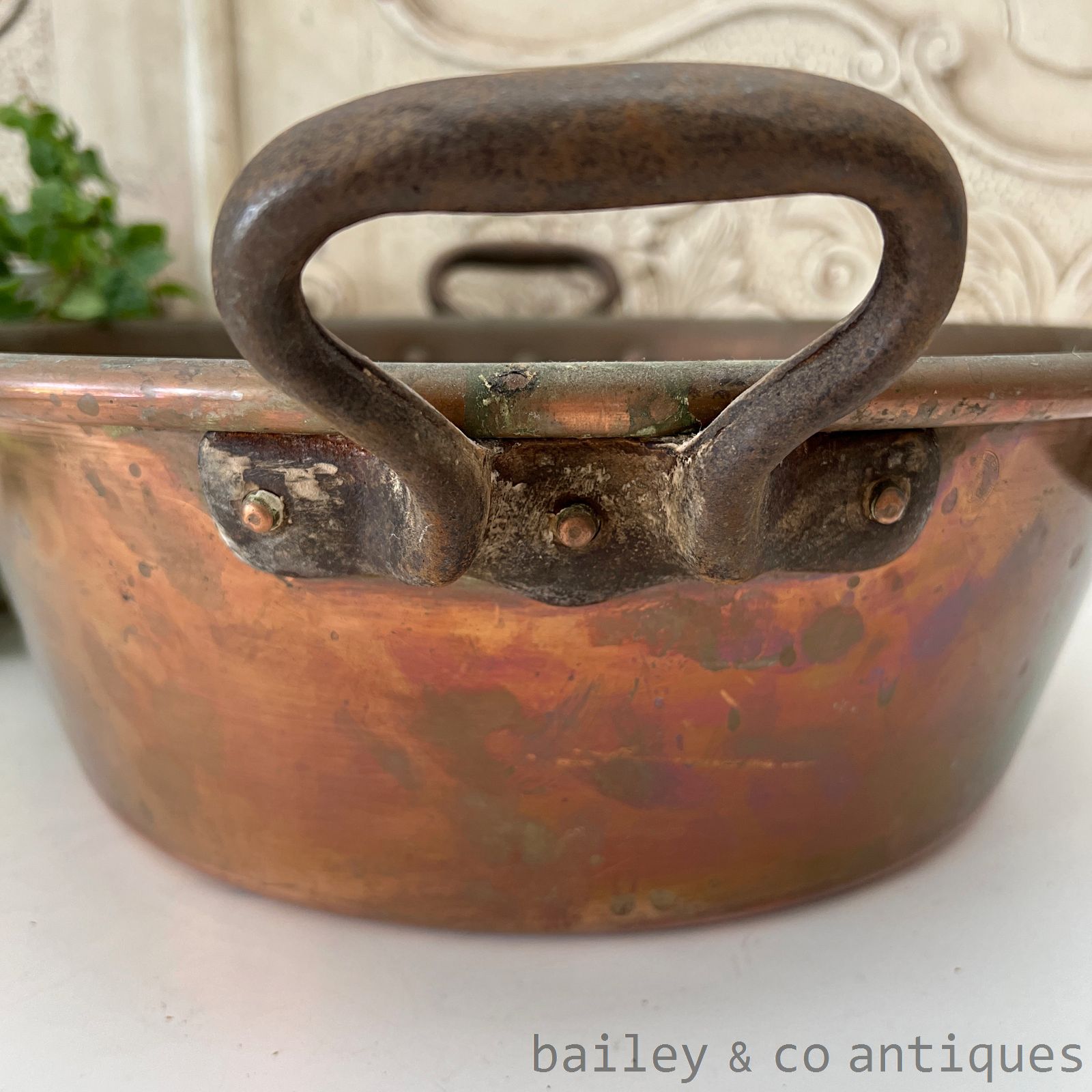 Antique French Copper Confiture Basin Bowl Iron Handles 43.5cm - FR569   detail 04