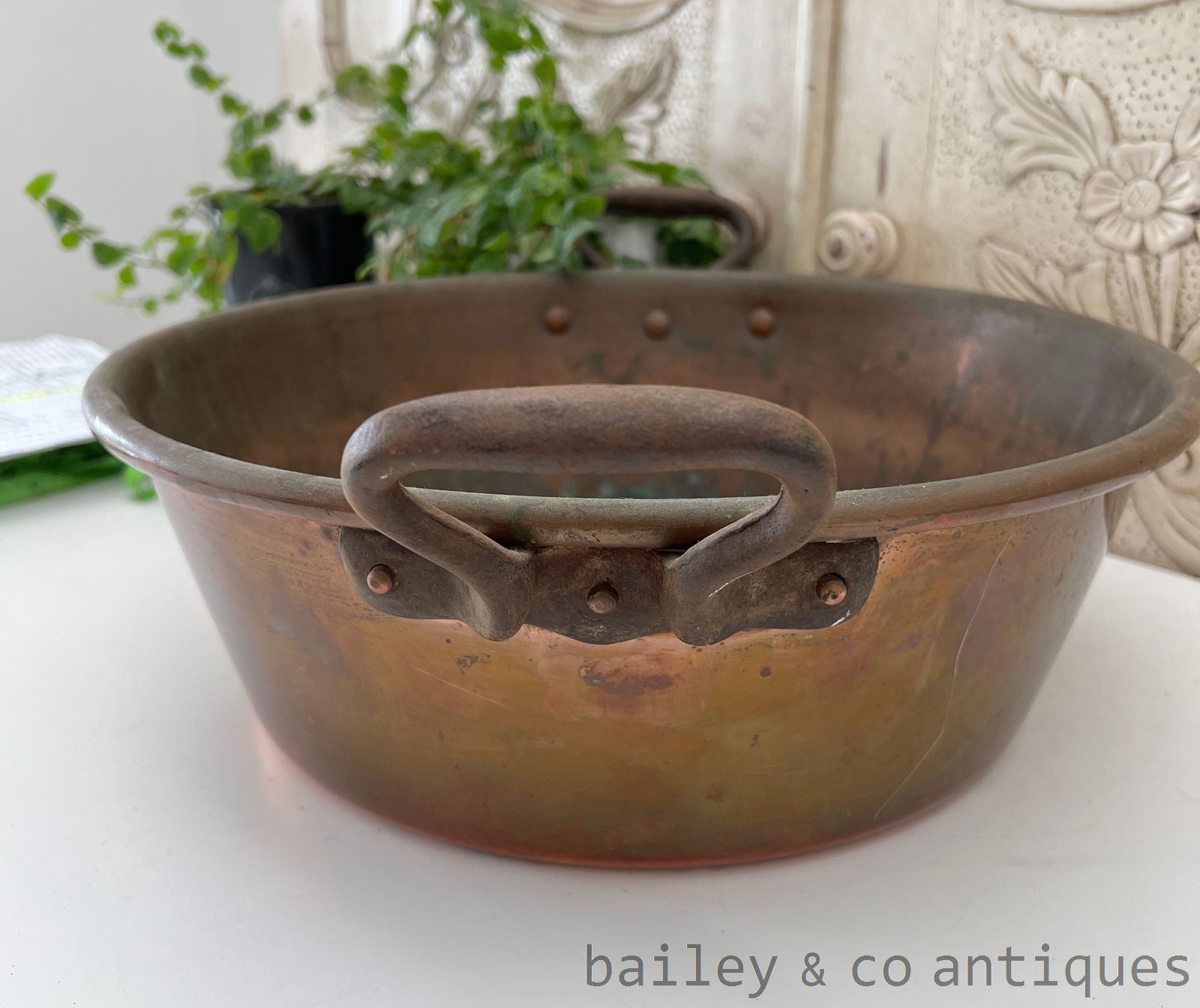 Antique French Copper Confiture Basin Bowl Iron Handles 43.5cm - FR569   detail 06