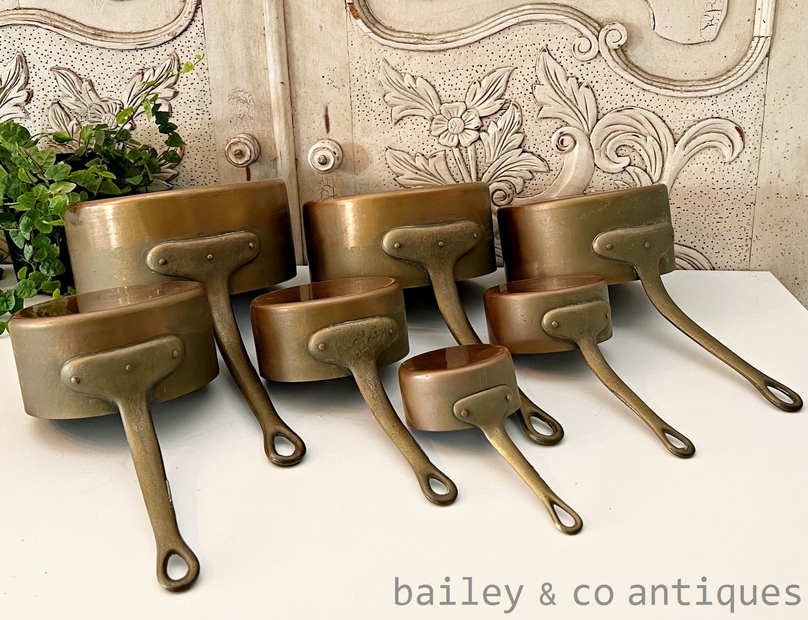 Vintage French Copper Saucepans Set Six 6 Lined Brass Handles - FR595   for sale