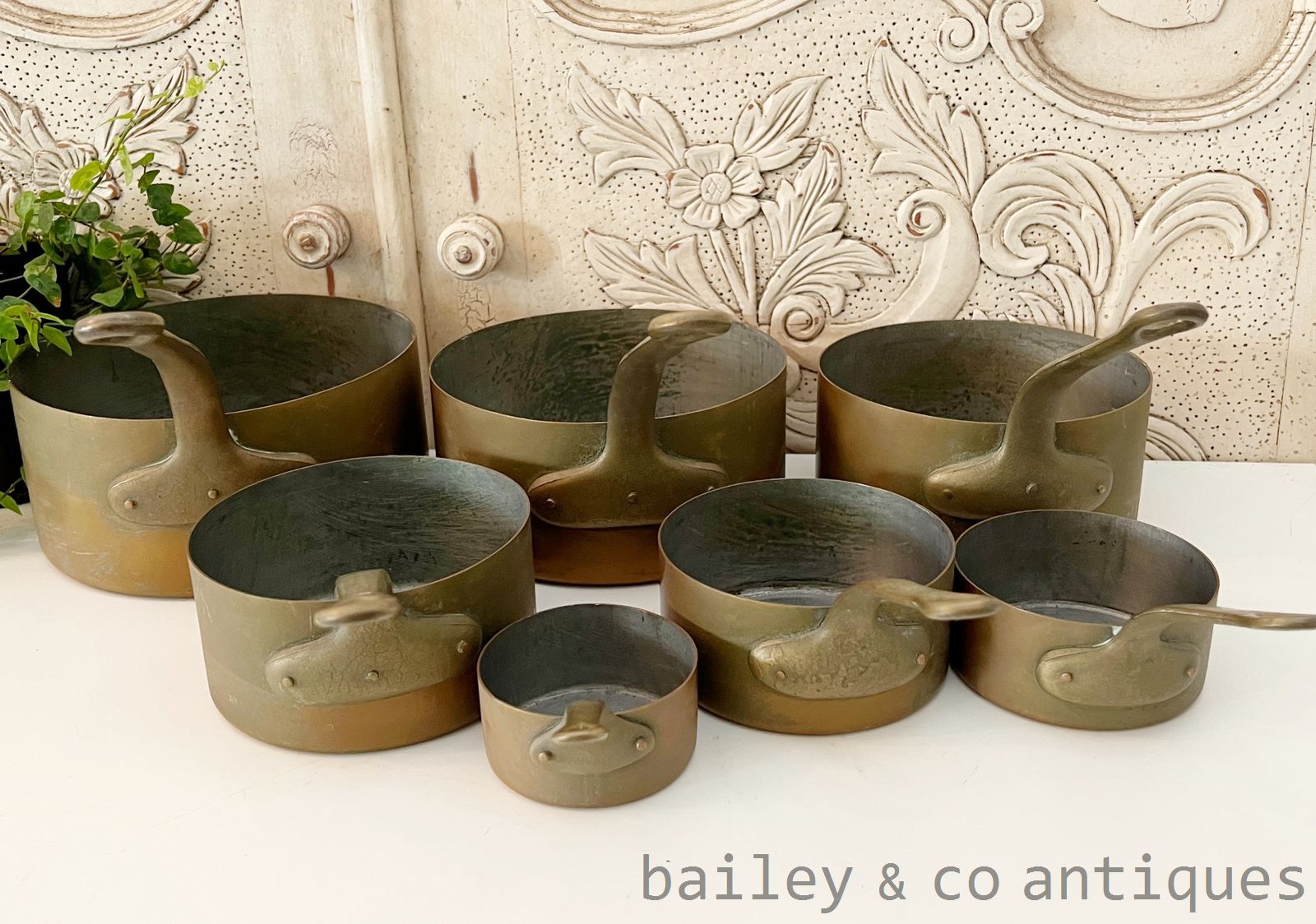 Vintage French Copper Saucepans Set Six 6 Lined Brass Handles - FR595   detail 02