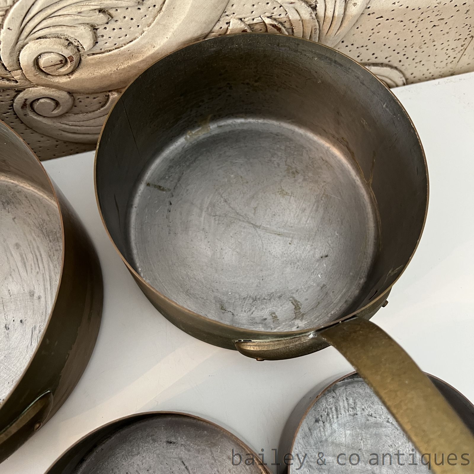 Vintage French Copper Saucepans Set Six 6 Lined Brass Handles - FR595   detail 10