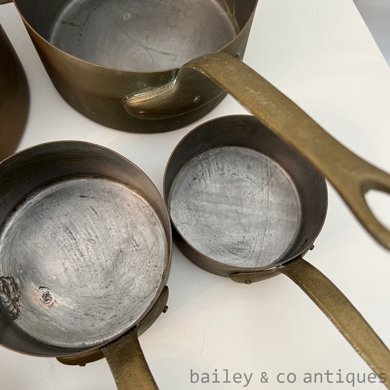Vintage French Copper Saucepans Set Six 6 Lined Brass Handles - FR595   detail 11