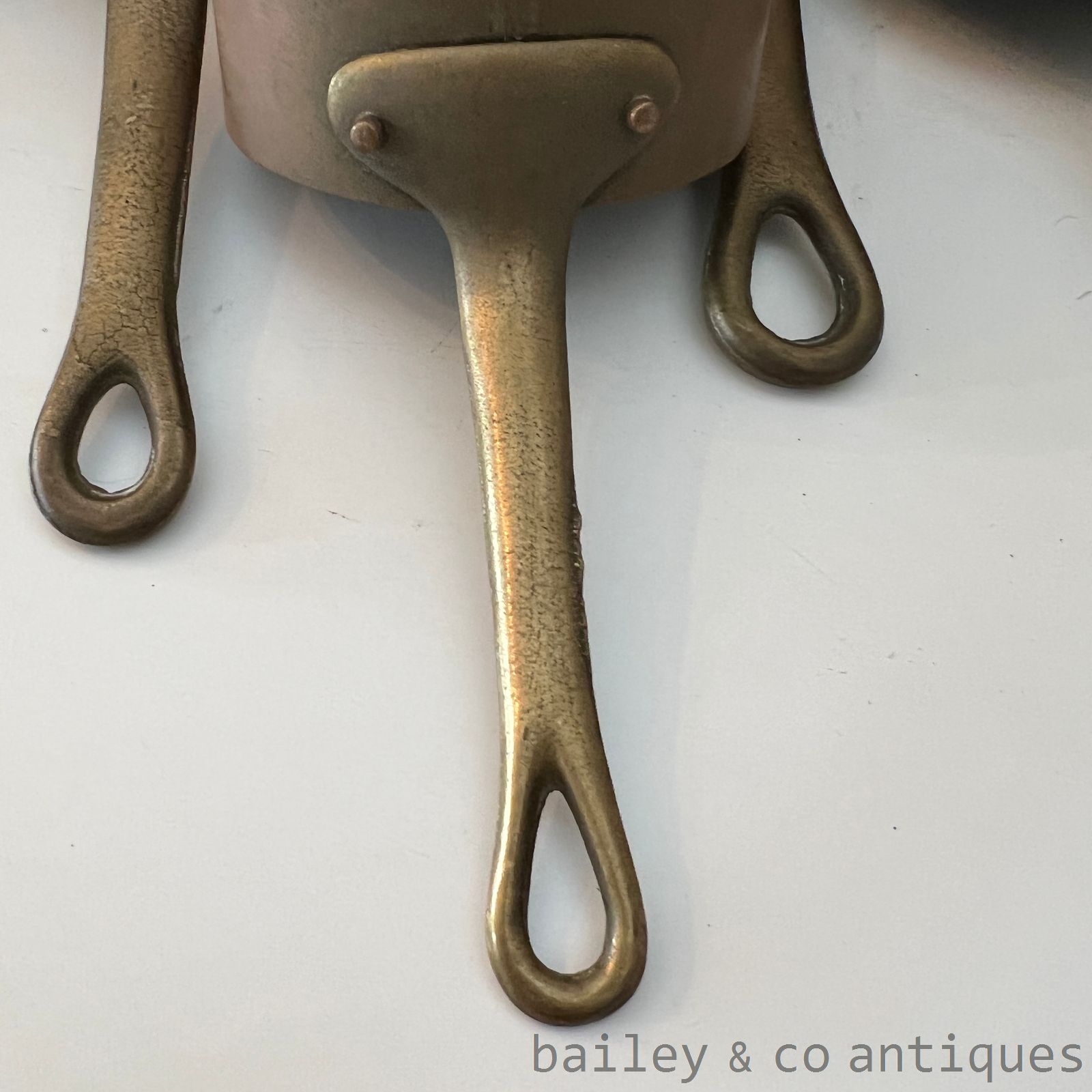 Vintage French Copper Saucepans Set Six 6 Lined Brass Handles - FR595   detail 17