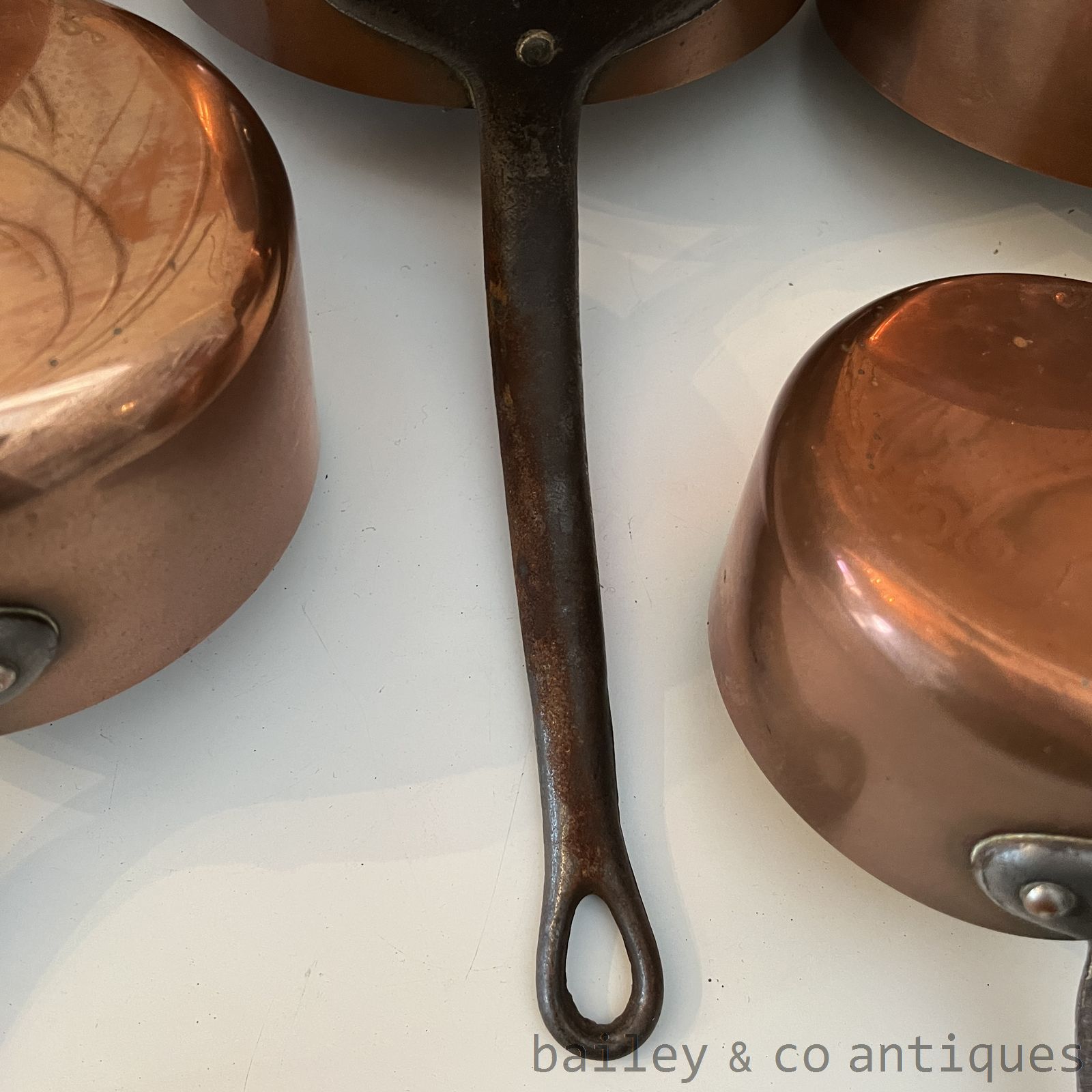 Vintage French Copper Saucepans Set Five Heavy Lined Iron Handles - FR607   detail 21