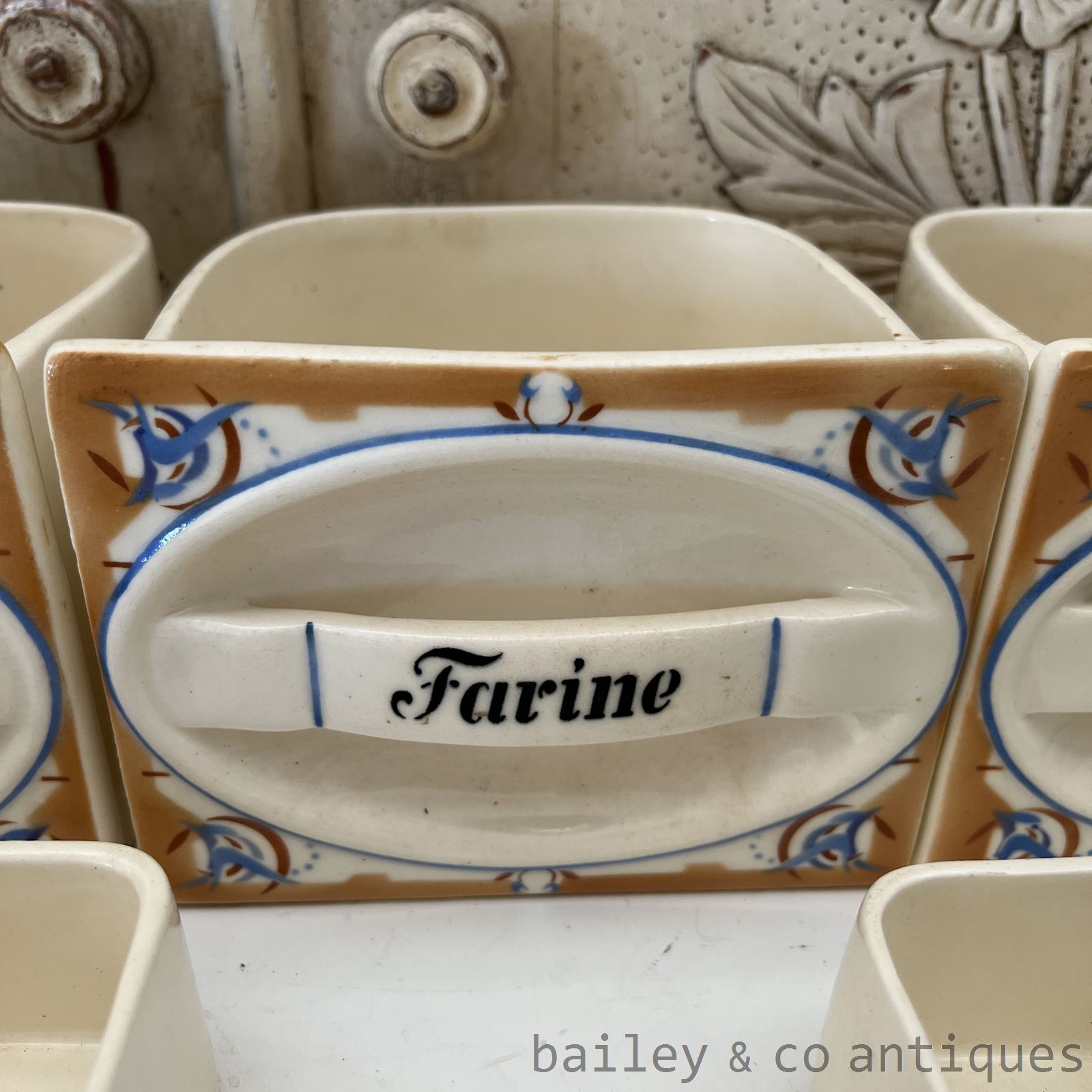 Antique French Set of Seven Spice Drawers Jars Ceramic - FR639   detail 02