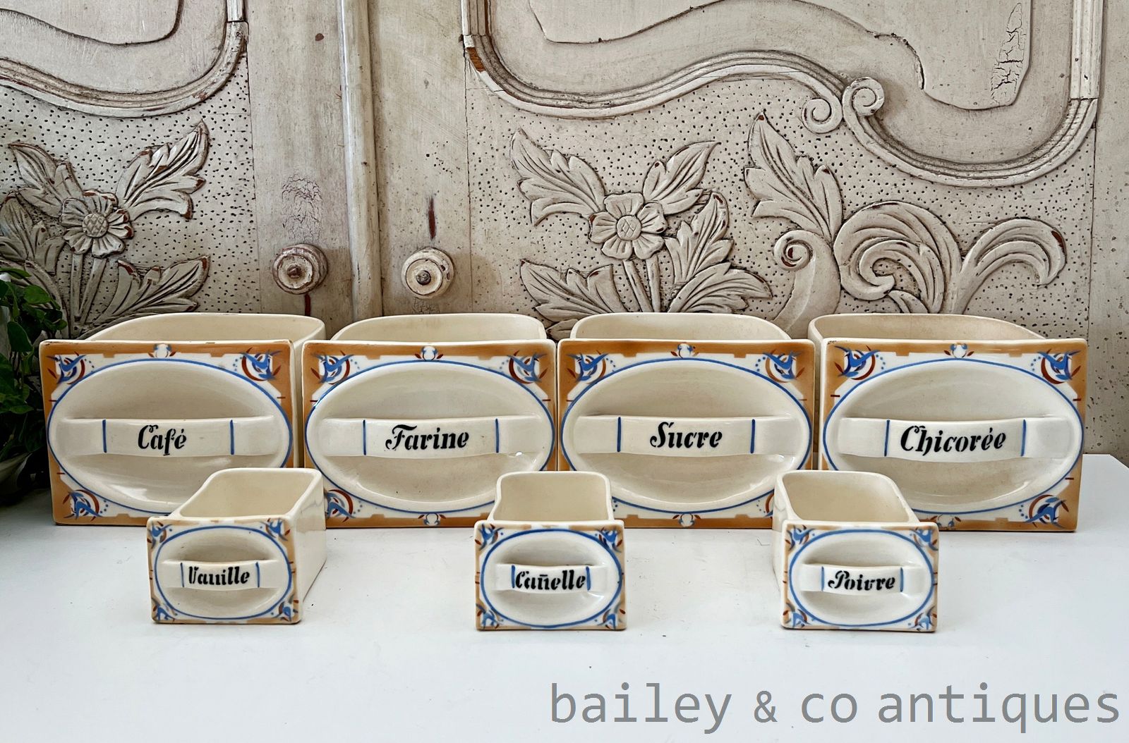 Antique French Set of Seven Spice Drawers Jars Ceramic - FR639   for sale