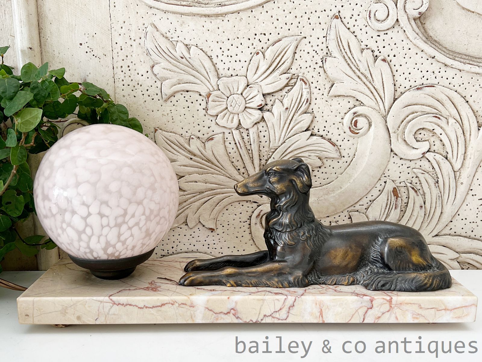 Vintage French Art Deco Table Lamp Dog with Pink Globe  - FR640   for sale