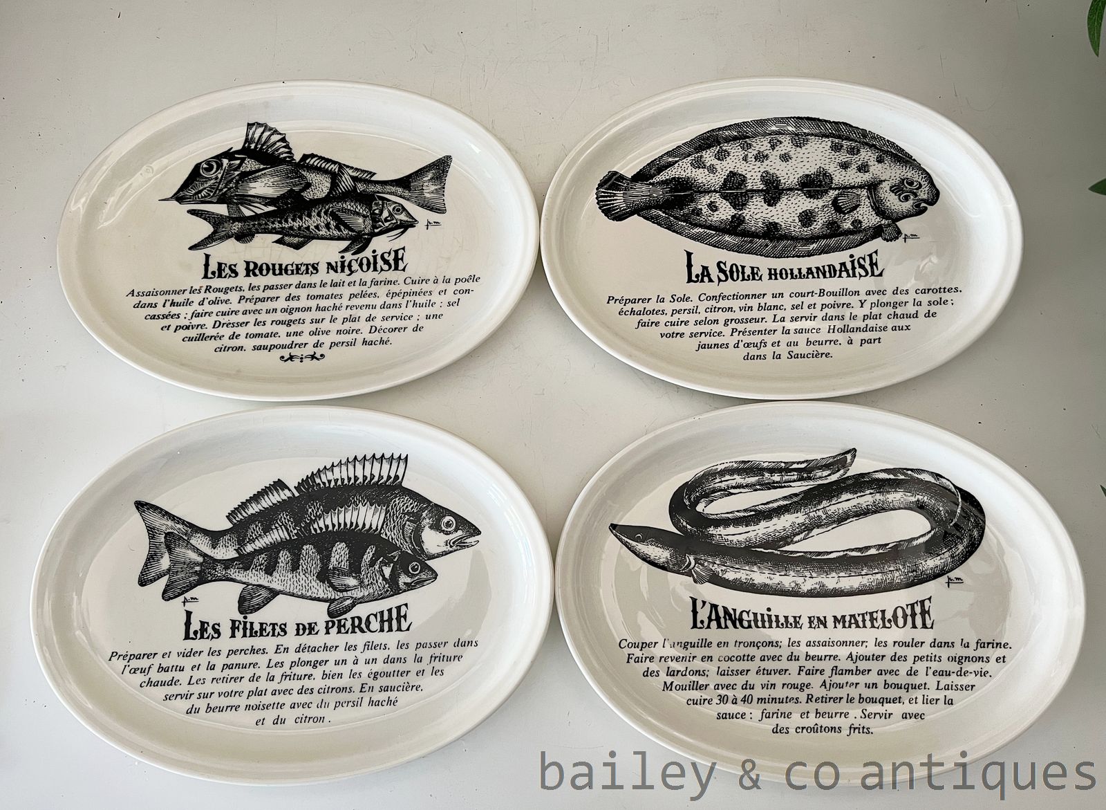 Vintage French Set Four Rare Gien Fish Recipe Plates Assiettes - FR651   for sale
