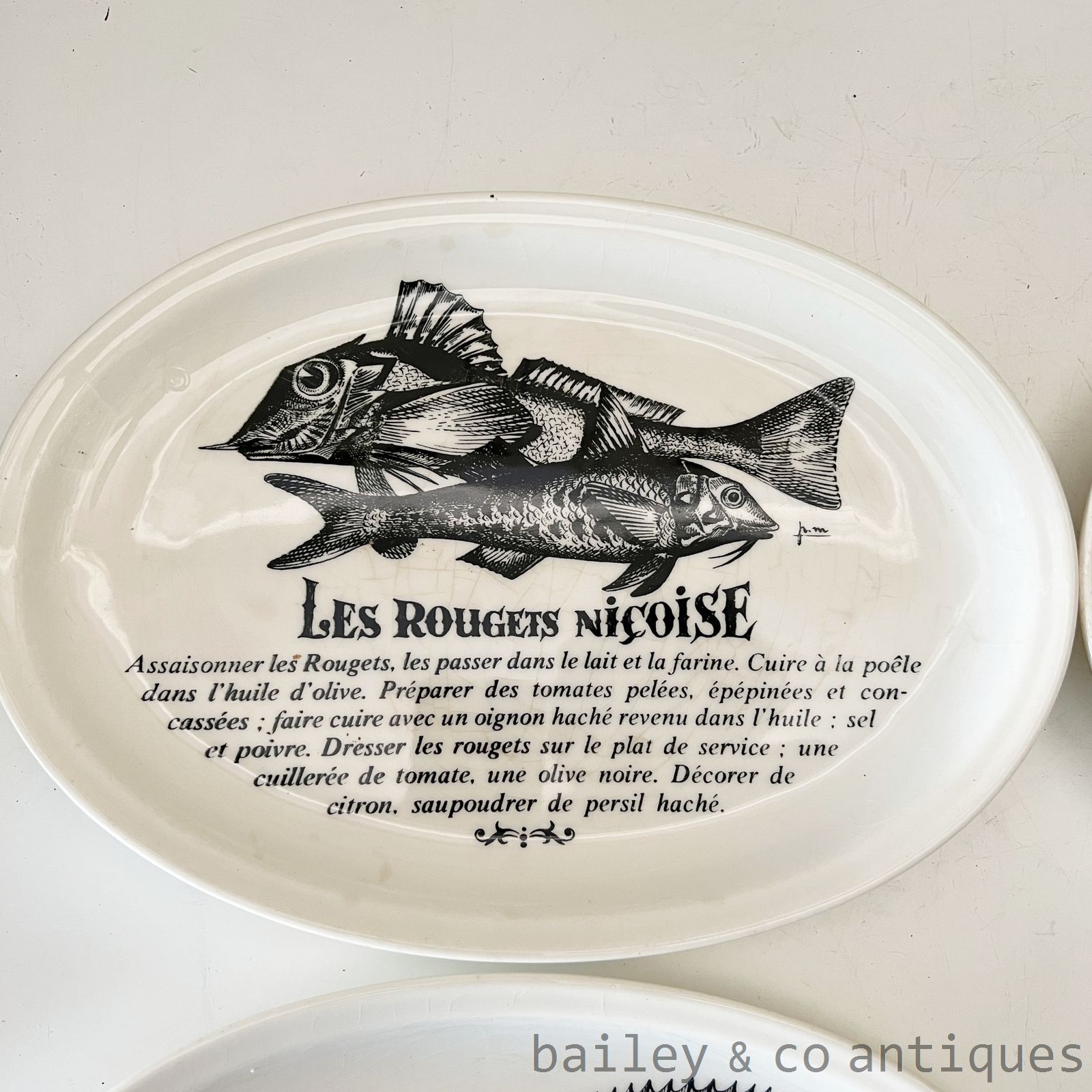 Vintage French Set Four Rare Gien Fish Recipe Plates Assiettes - FR651   detail 02