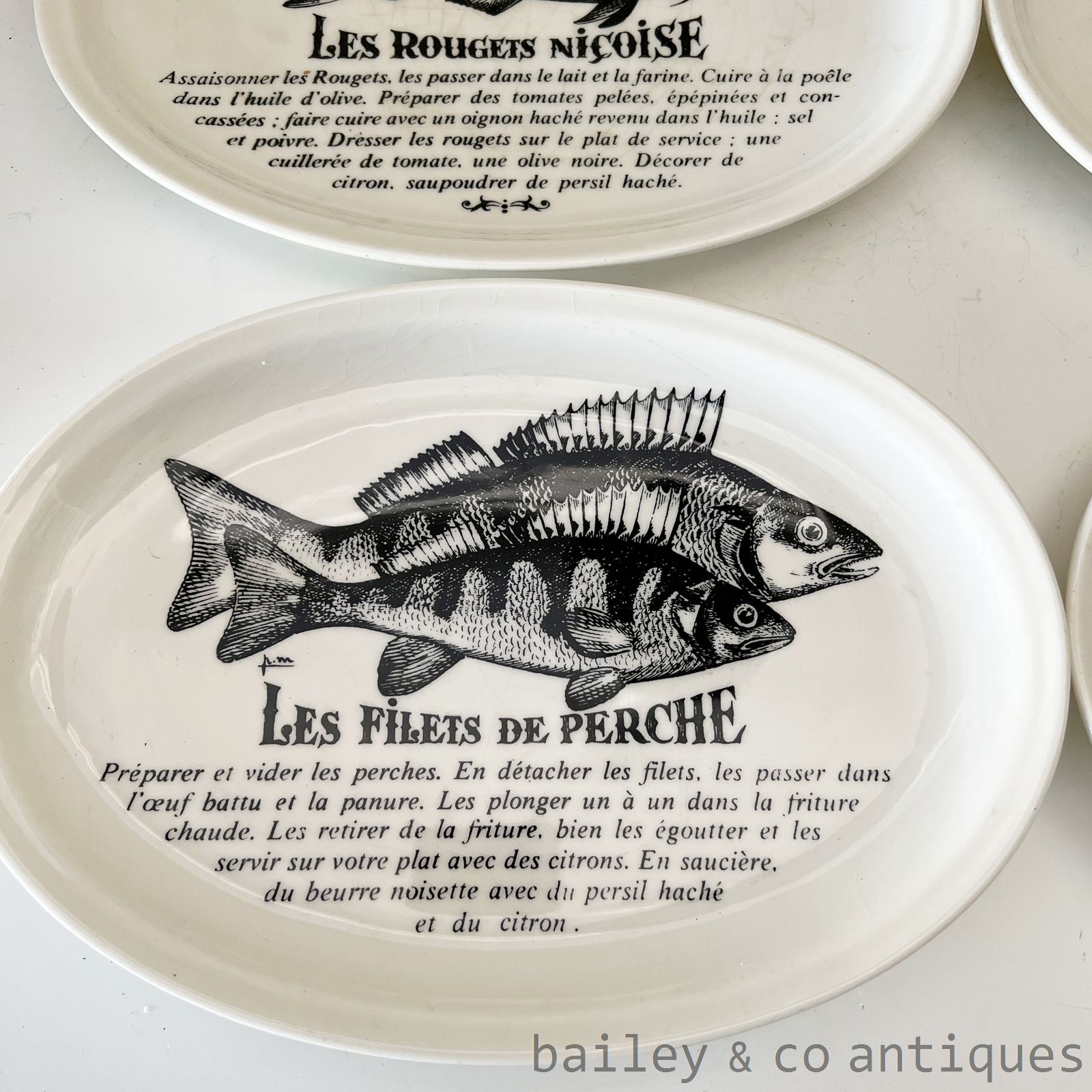Vintage French Set Four Rare Gien Fish Recipe Plates Assiettes - FR651   detail 05