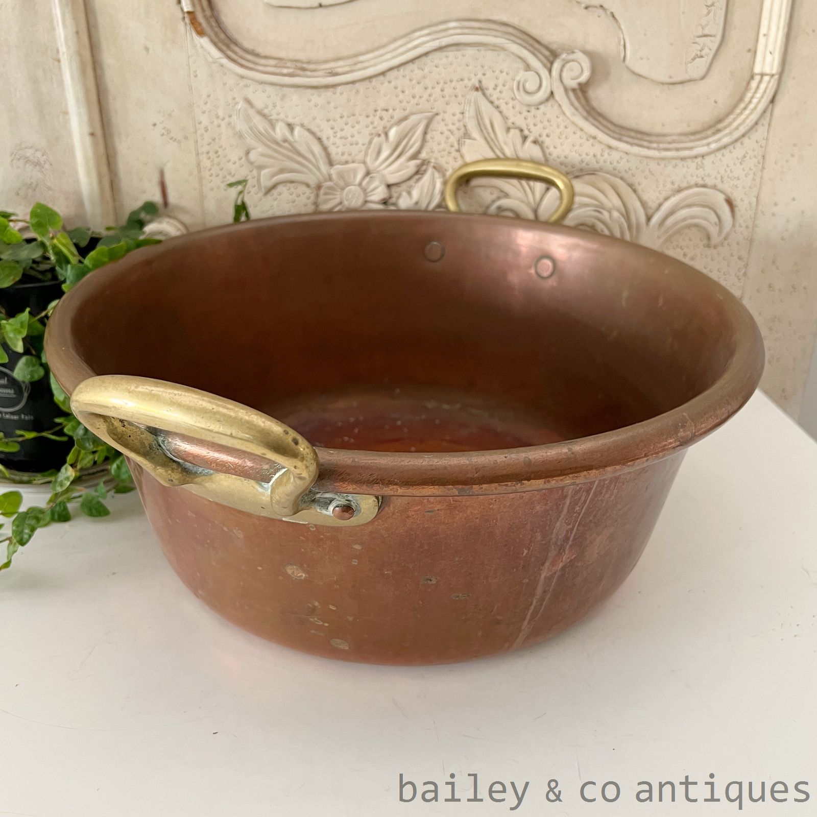 Antique French Large Copper Basin Confiture Bowl Brass Handles - FR674   detail 02