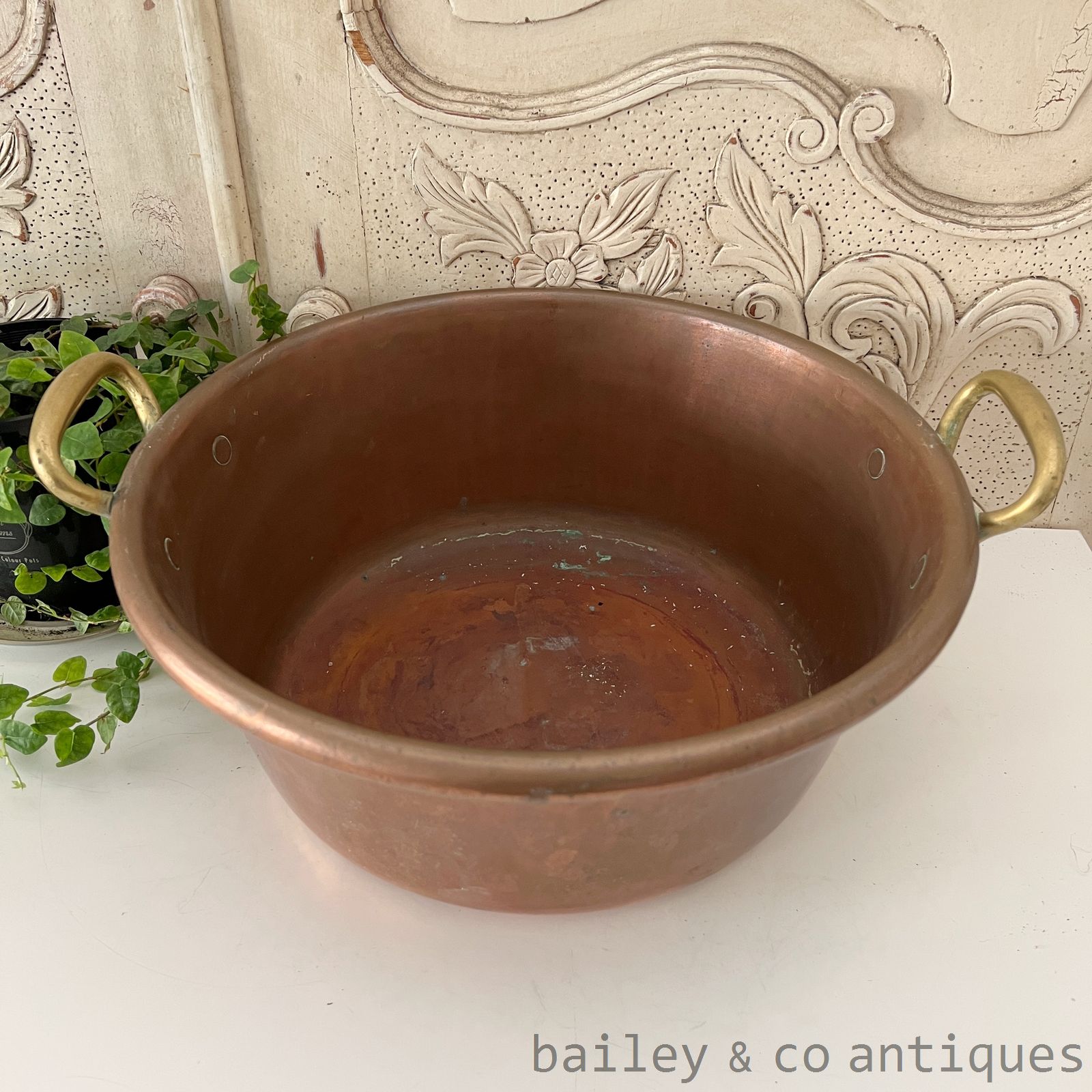 Antique French Large Copper Basin Confiture Bowl Brass Handles - FR674   detail 03