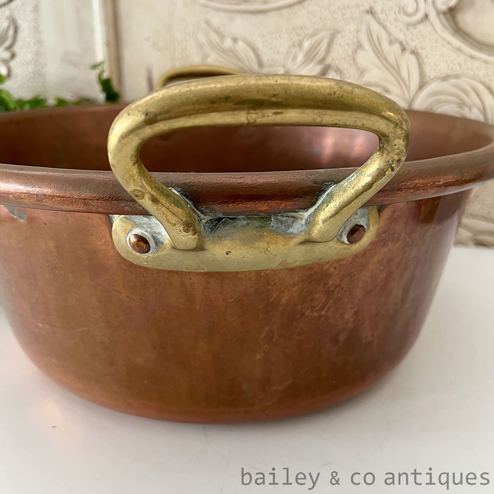Antique French Large Copper Basin Confiture Bowl Brass Handles - FR674   detail 04