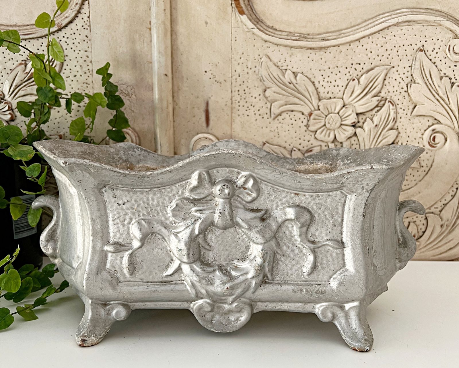 Antique French Iron Table Jardiniere Planter Box Painted Silver - FR679   for sale
