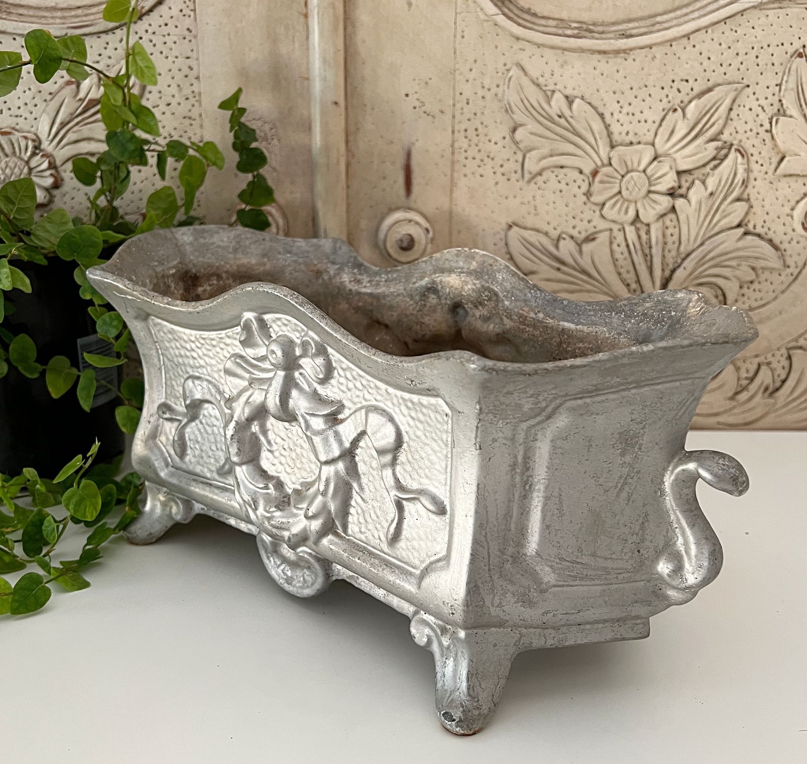 Antique French Iron Table Jardiniere Planter Box Painted Silver - FR679   detail 02