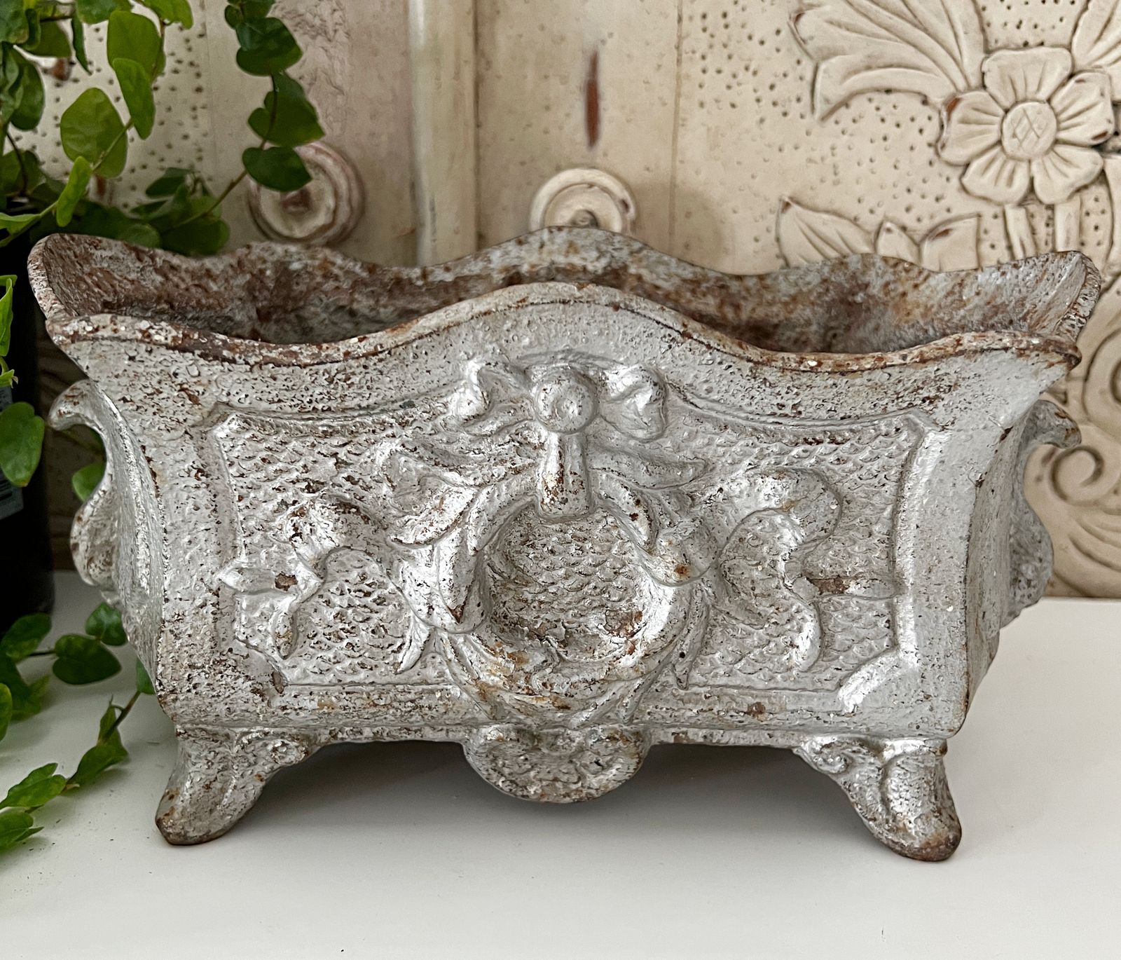 Antique French Iron Table Jardiniere Planter Box Painted Silver - FR680   detail 03