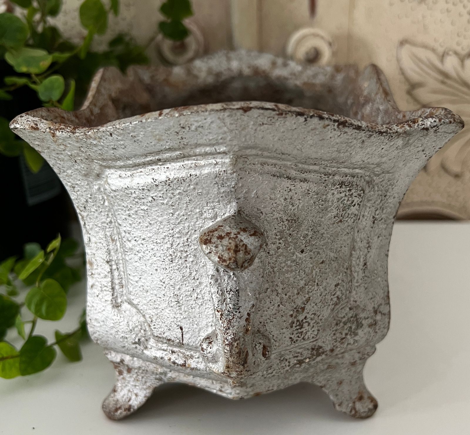 Antique French Iron Table Jardiniere Planter Box Painted Silver - FR680   detail 05