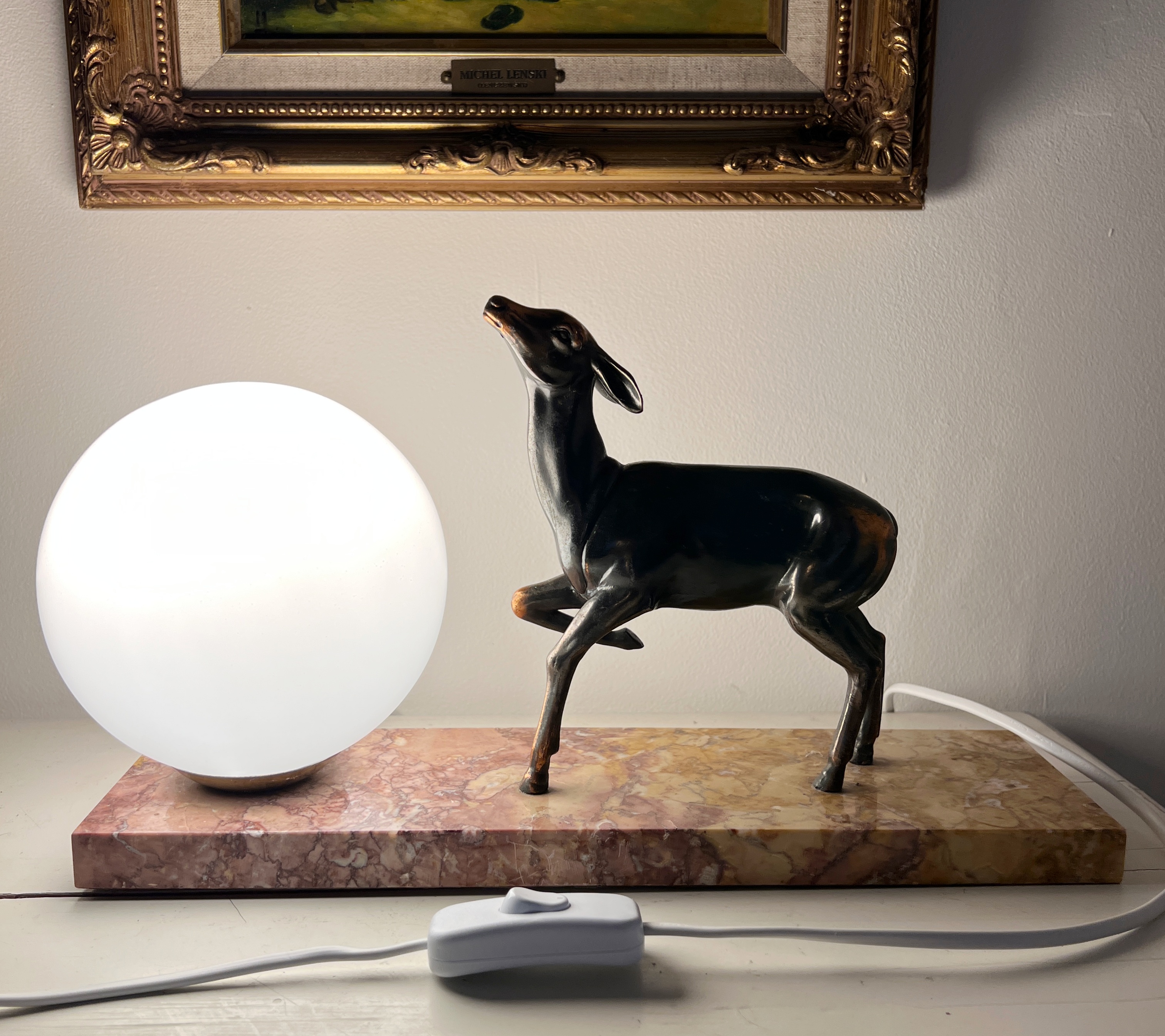  Vintage French Art Deco Marble Table Lamp with Globe and Deer - FR697  