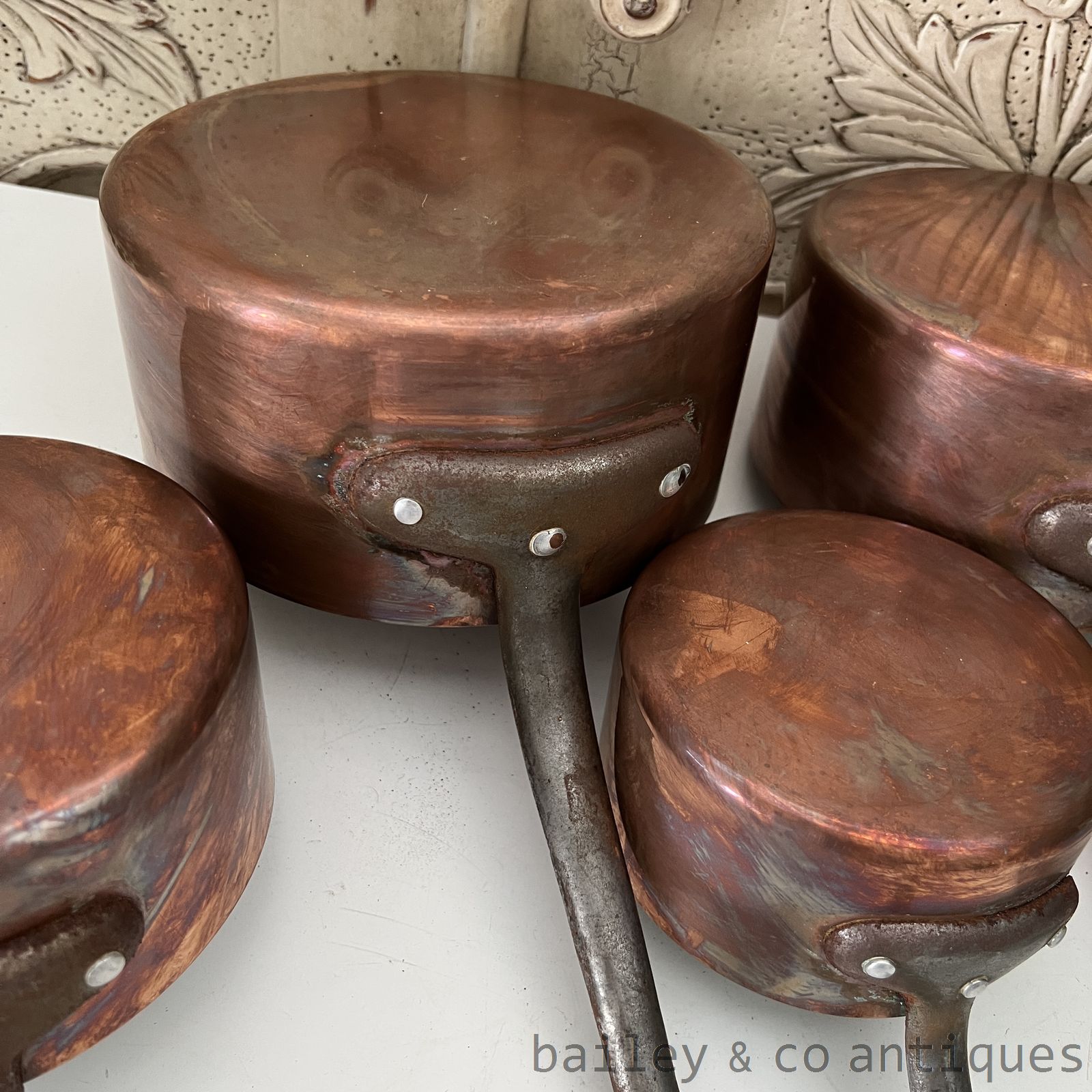 Vintage French Copper Saucepans Set of Five Lined Iron Handles - FR719   detail 13