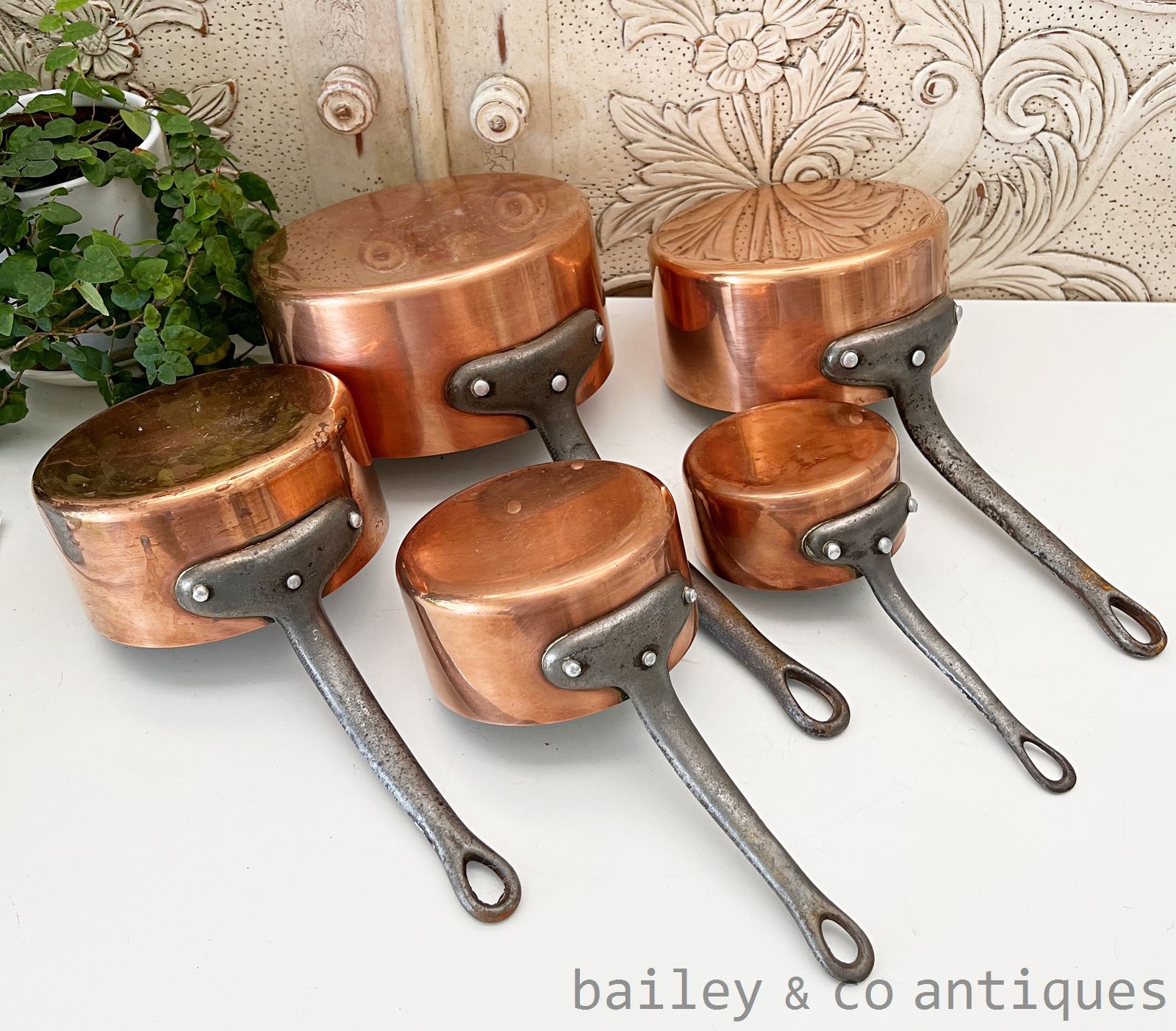 Vintage French Copper Saucepans Set 5 Iron Handles Heavy - FR720   for sale