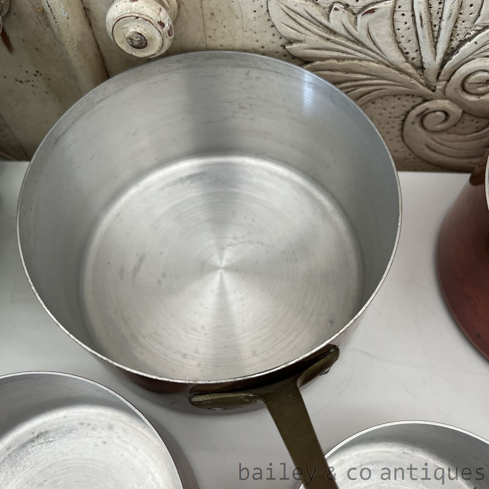 Vintage French Copper Saucepans Set 5 Brass Handles - FR728   detail 04