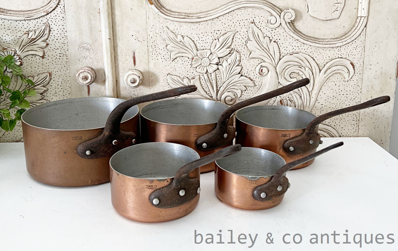 Vintage French Copper Saucepans Set of Five Lined Stamped - FR732   for sale