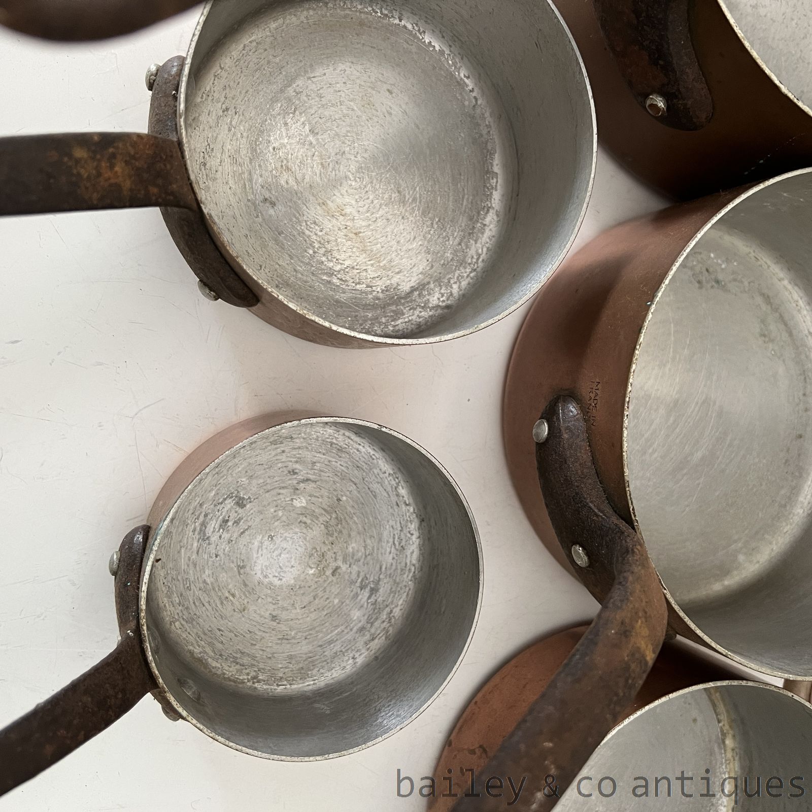Vintage French Copper Saucepans Set of Five Lined Stamped - FR732   detail 06