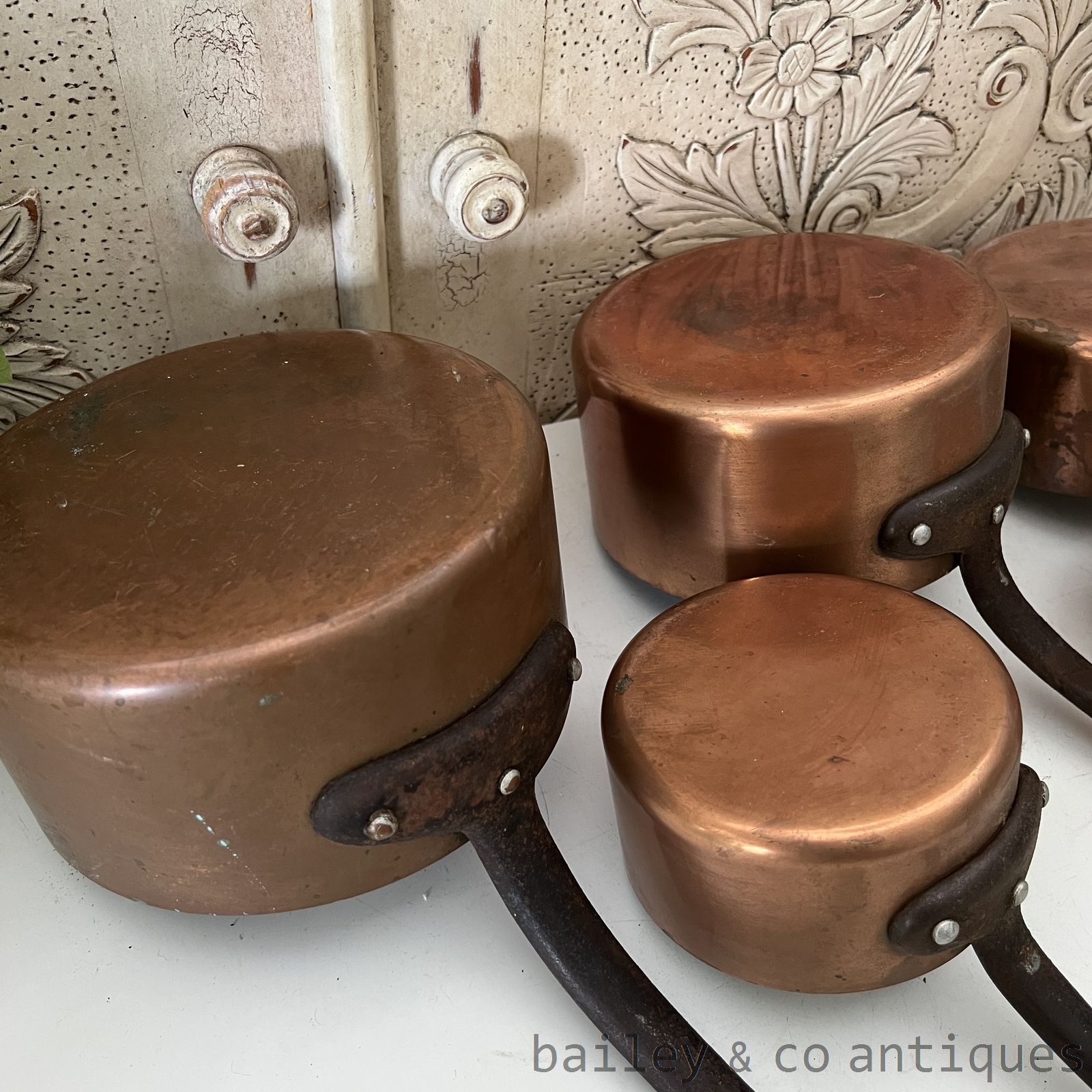 Vintage French Copper Saucepans Set of Five Lined Stamped - FR732   detail 11
