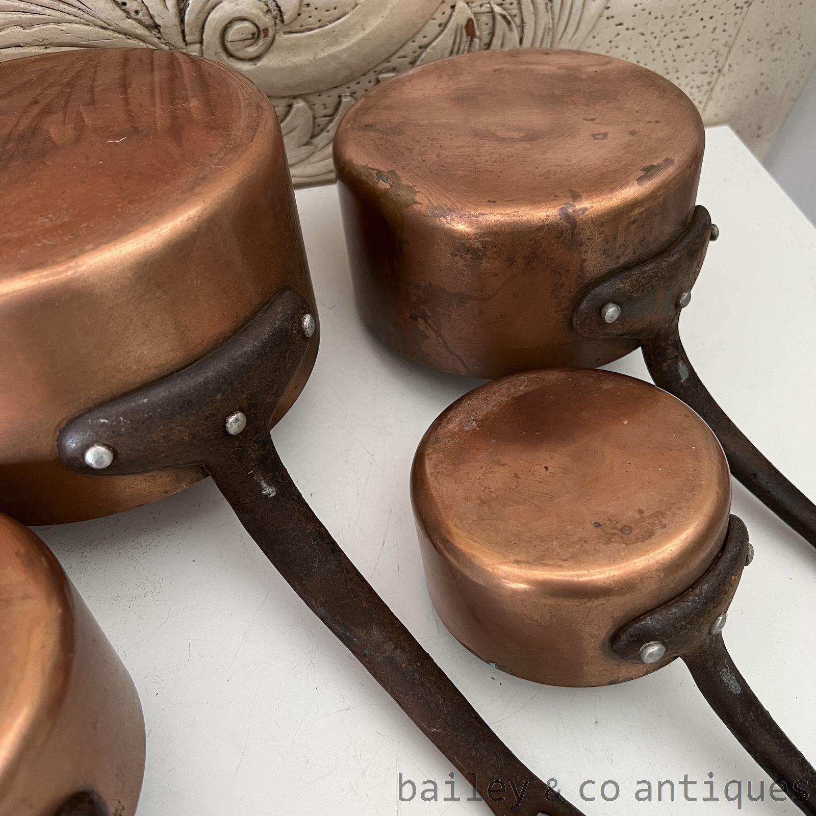 Vintage French Copper Saucepans Set of Five Lined Stamped - FR732   detail 12