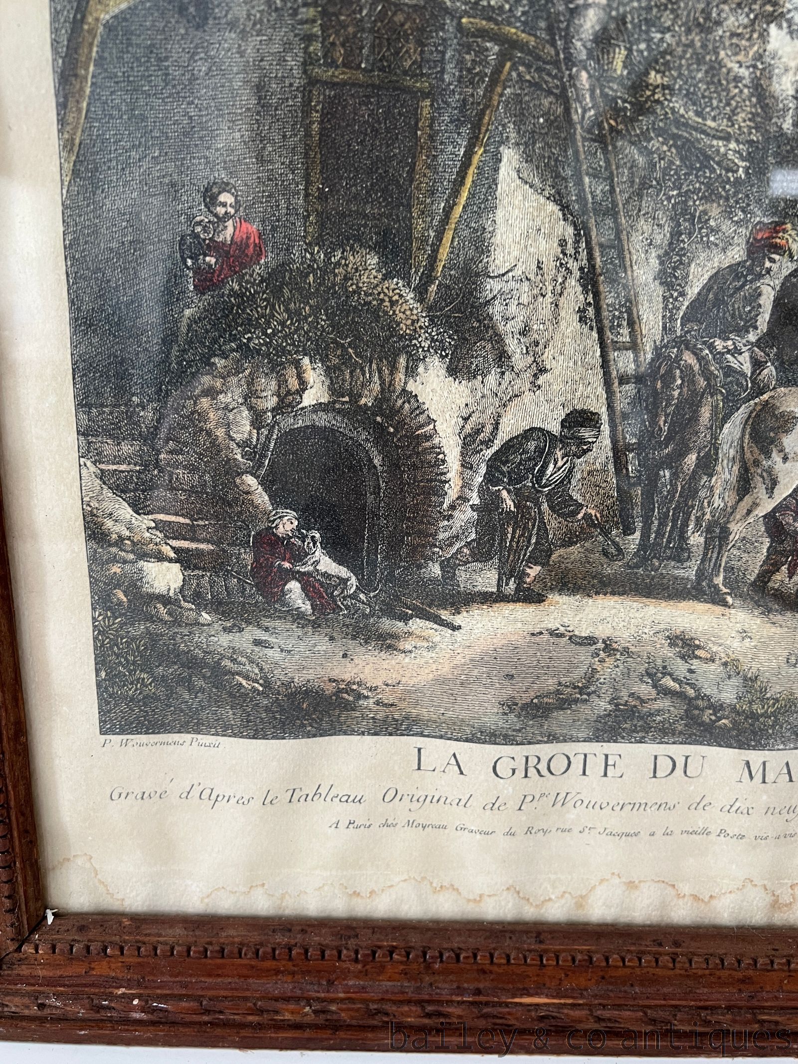 Antique French Moyreau After Wouvermens copper engraving La Grote Du Marechal - FRgravure   detail 03