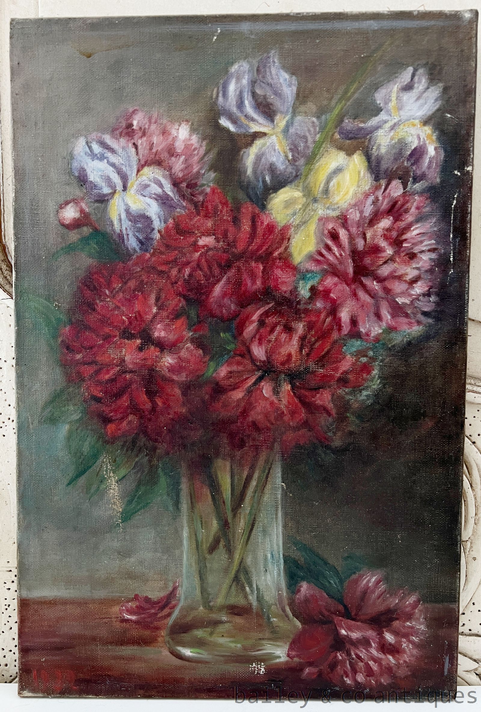  Vintage French Oil Painting on Canvas Flowers in Vase 1932 - FRvase   for sale