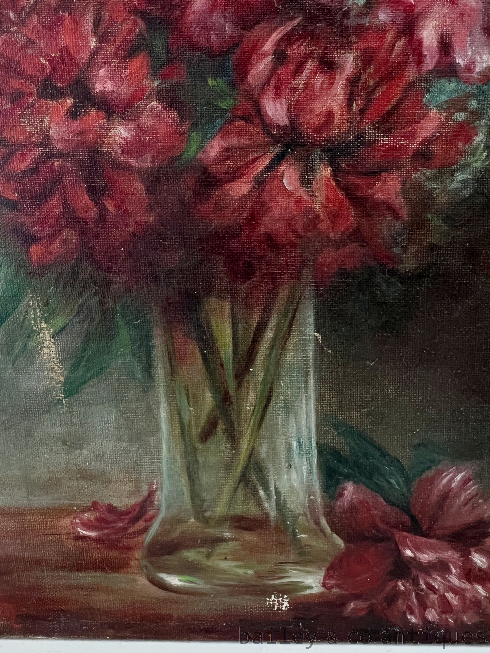  Vintage French Oil Painting on Canvas Flowers in Vase 1932 - FRvase   detail 02